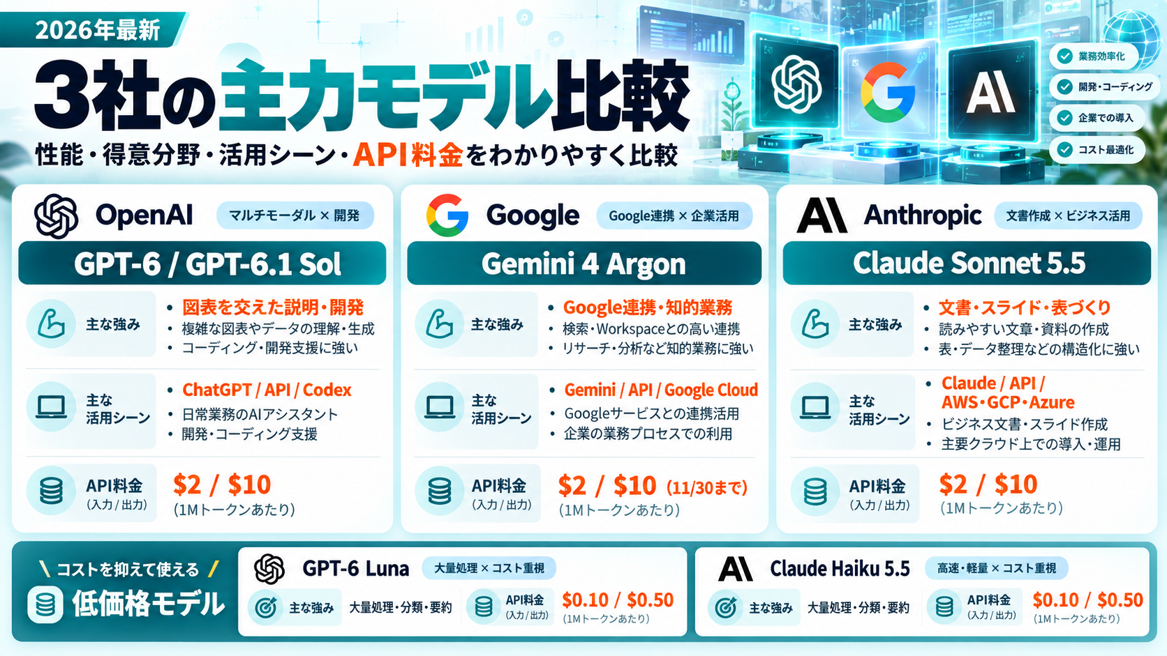3社の主力モデル比較の図。GPT-6/GPT-6.1 Sol、Gemini 4 Argon、Claude Sonnet 5.5の強み・活用シーン・API料金（いずれも入力2ドル/出力10ドル）と、低価格モデルGPT-6 Luna・Claude Haiku 5.5（入力0.10ドル/出力0.50ドル）