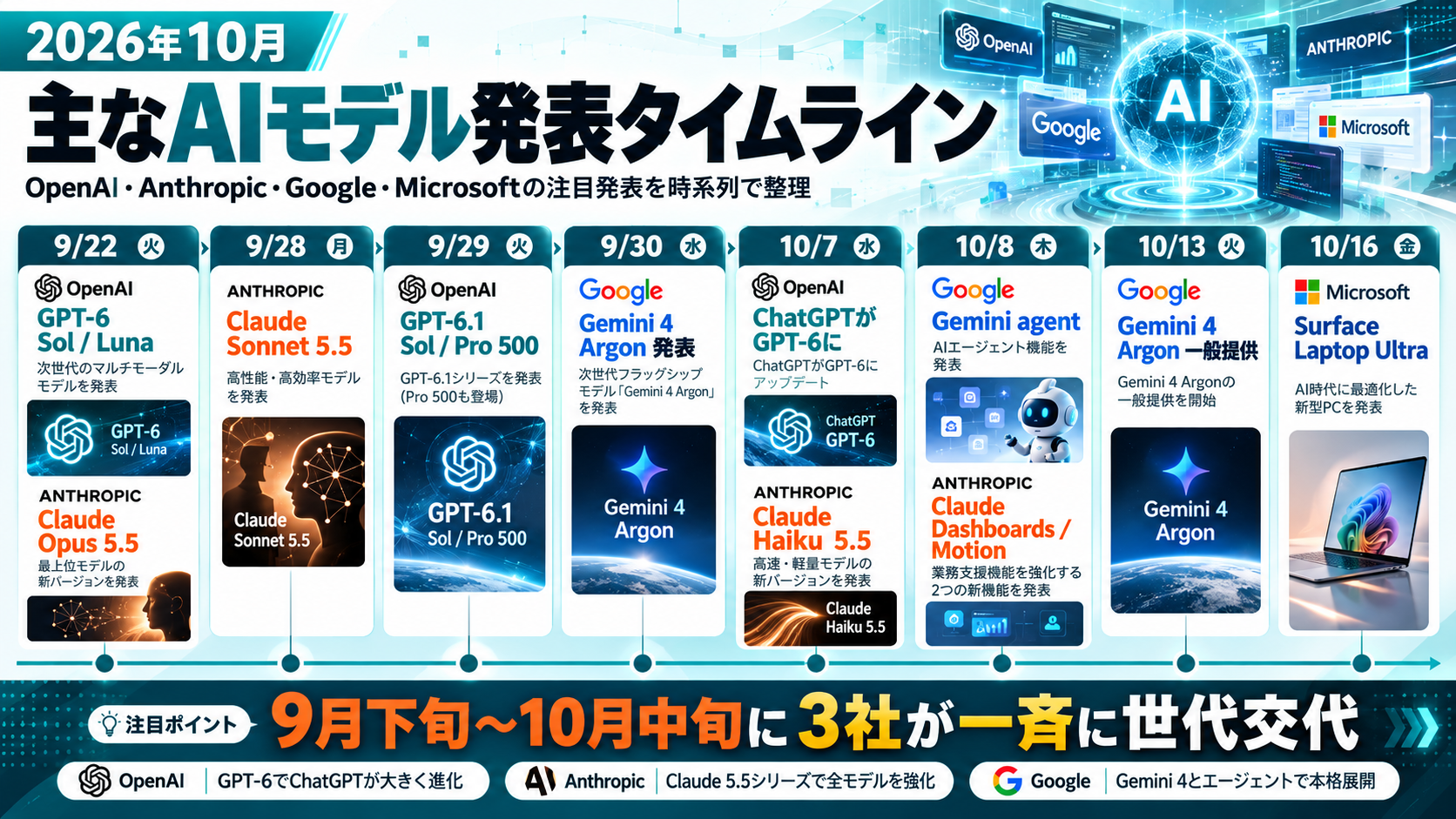 2026年9月22日から10月16日までの主なAIモデル発表のタイムライン。GPT-6 Sol/Luna、Claude Opus 5.5・Sonnet 5.5・Haiku 5.5、GPT-6.1 Sol、Gemini 4 Argon、Gemini agent、Claude Dashboards/Motion、Surface Laptop Ultra