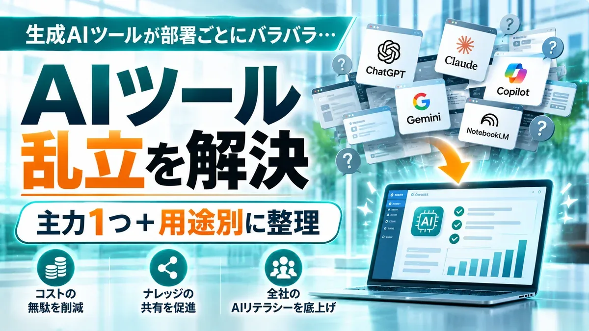 生成AIツールが部署ごとにバラバラ。AIツール乱立を解決、主力1つ＋用途別に整理。コストの無駄を削減、ナレッジの共有を促進、全社のAIリテラシーを底上げ