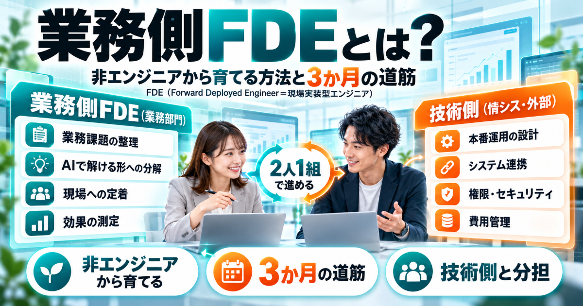 業務側FDEと技術側が2人1組で、業務へのAIの組み込みを分担する図