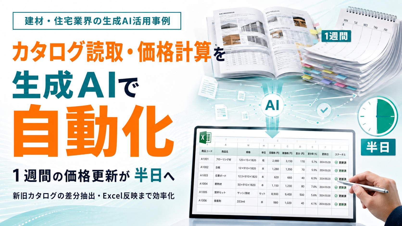 建材・住宅業界の生成AI活用事例。カタログ読取・価格計算を生成AIで自動化し、1週間かかっていた価格更新を半日へ。新旧カタログの差分抽出からExcel反映まで効率化する図解。