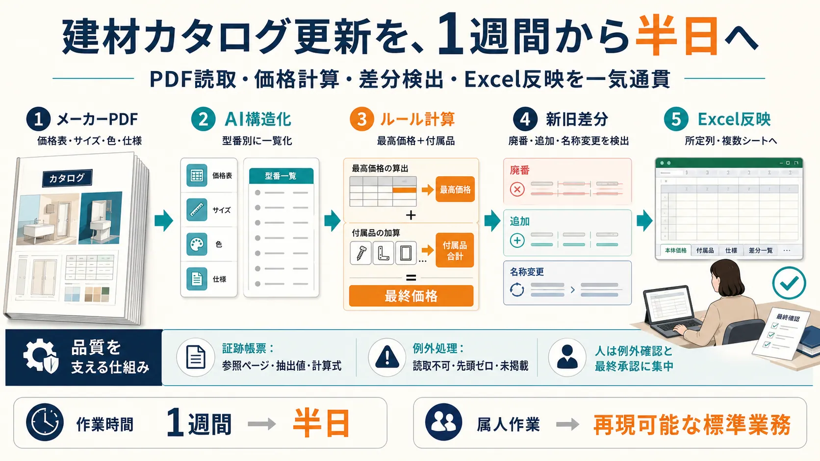建材カタログ更新を1週間から半日へ。PDF読取・価格計算・差分検出・Excel反映を一気通貫で行う処理フロー図。①メーカーPDF（価格表・サイズ・色・仕様）②AI構造化（型番別に一覧化）③ルール計算（最高価格＋付属品）④新旧差分（廃番・追加・名称変更を検出）⑤Excel反映（所定列・複数シートへ）。品質を支える仕組みとして証跡帳票・例外処理・人の確認を配置し、作業時間は1週間→半日、属人作業→再現可能な標準業務へ。