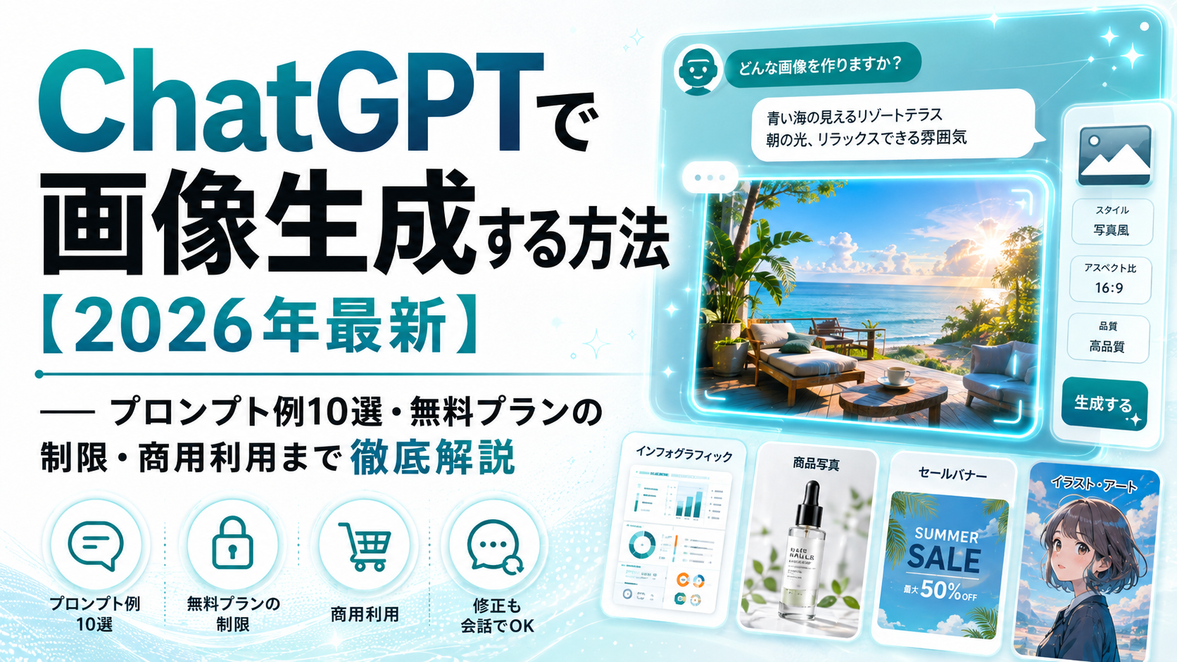 ChatGPTで画像生成する方法2026年最新版。プロンプト例10選・無料プランの制限・商用利用までわかりやすく解説