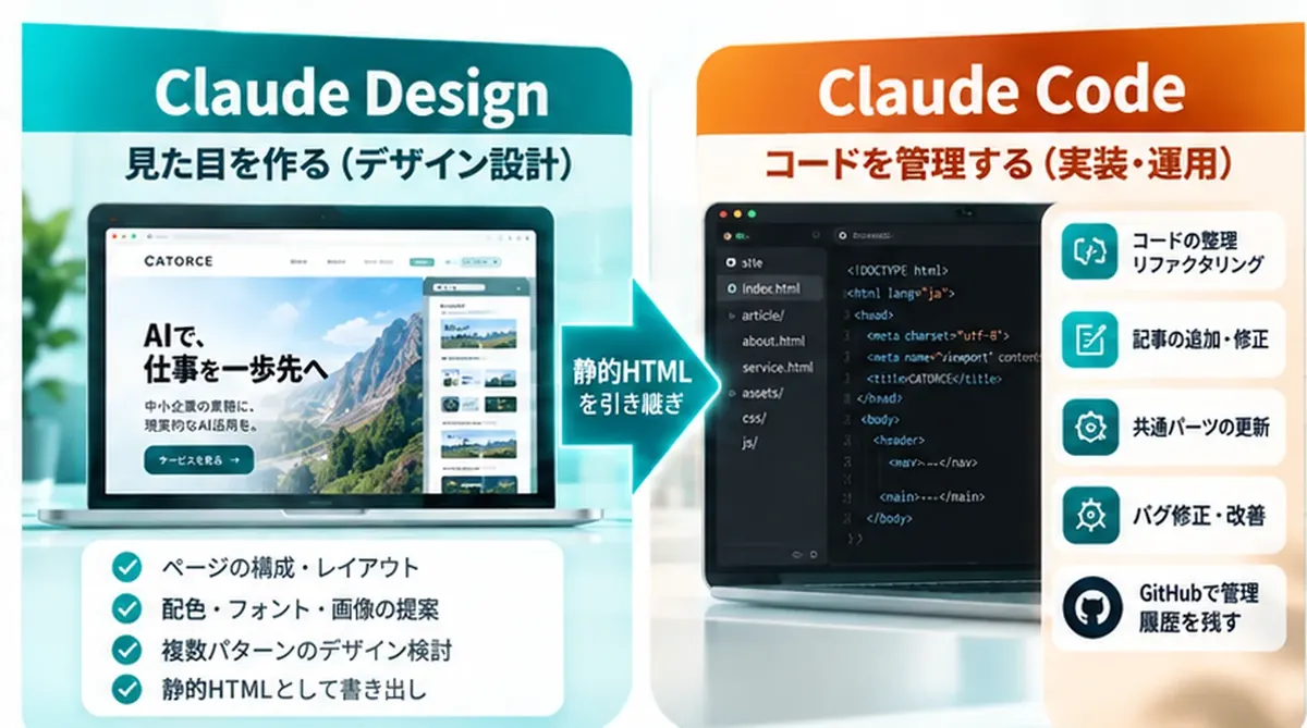 Claude DesignとClaude Codeの役割分担の図。Claude Designは見た目を作る（ページの構成・レイアウト、配色・フォント・画像の提案、複数パターンの検討、静的HTMLとして書き出し）。静的HTMLを引き継ぎ、Claude Codeはコードを管理する（コードの整理、記事の追加・修正、共通パーツの更新、バグ修正・改善、GitHubで履歴を残す）
