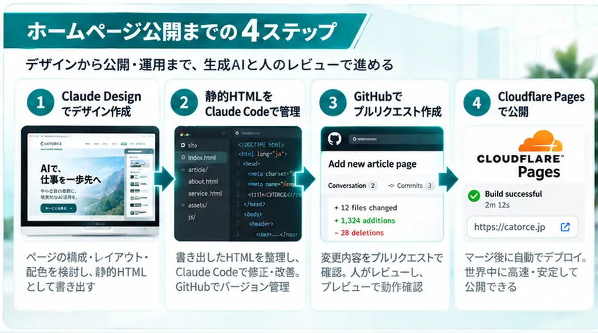 ホームページ公開までの4ステップの図。1 Claude Designでデザイン作成、2 静的HTMLをClaude Codeで管理、3 GitHubでプルリクエスト作成（人がレビューし、プレビューで動作確認）、4 Cloudflare Pagesで公開（マージ後に自動でデプロイ）