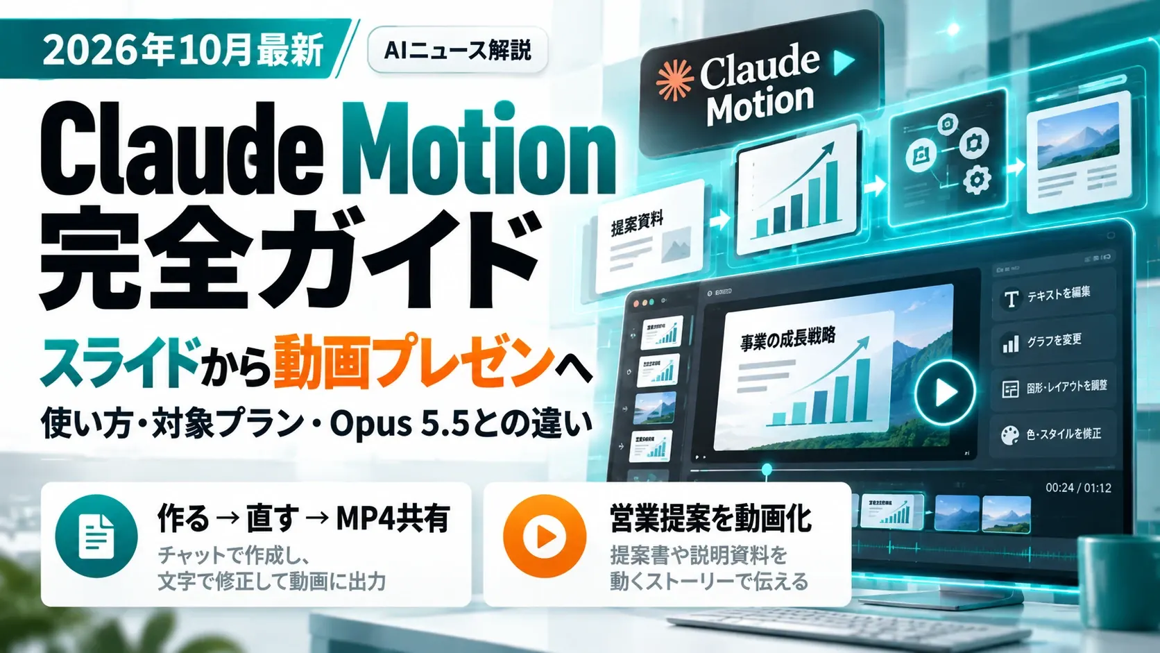 Claude Motion完全ガイド。スライドから動画プレゼンへ。使い方・対象プラン・Opus 5.5との違い。作る→直す→MP4共有、営業提案を動画化