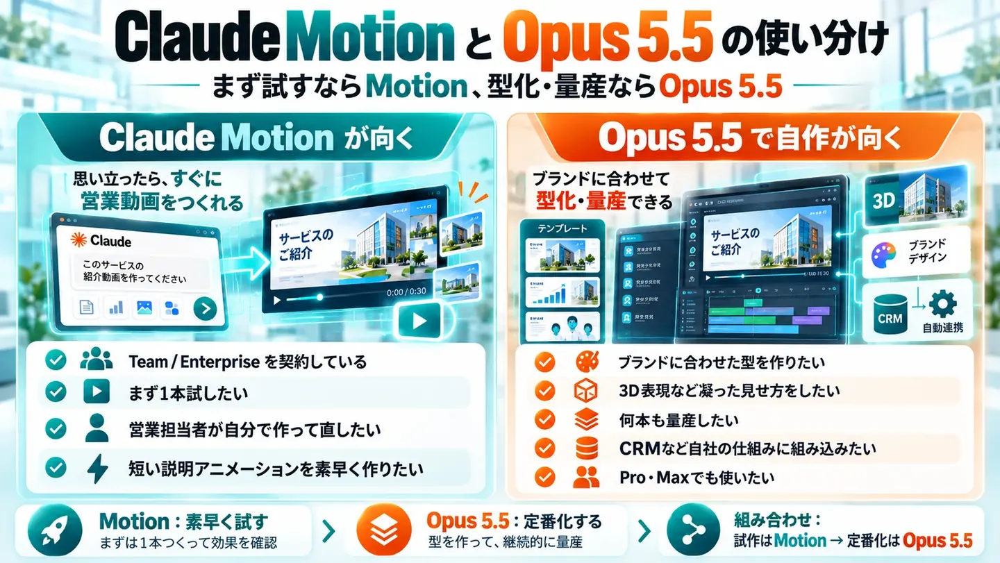 Claude MotionとOpus 5.5で自作する方法の使い分けの図。まず1本試す・営業担当者が自分で作って直すならClaude Motion、ブランドに合わせた型・3D表現・量産・CRMとの連携・Pro/Maxで使うならOpus 5.5で自作。試作はMotion、定番化はOpus 5.5の組み合わせ