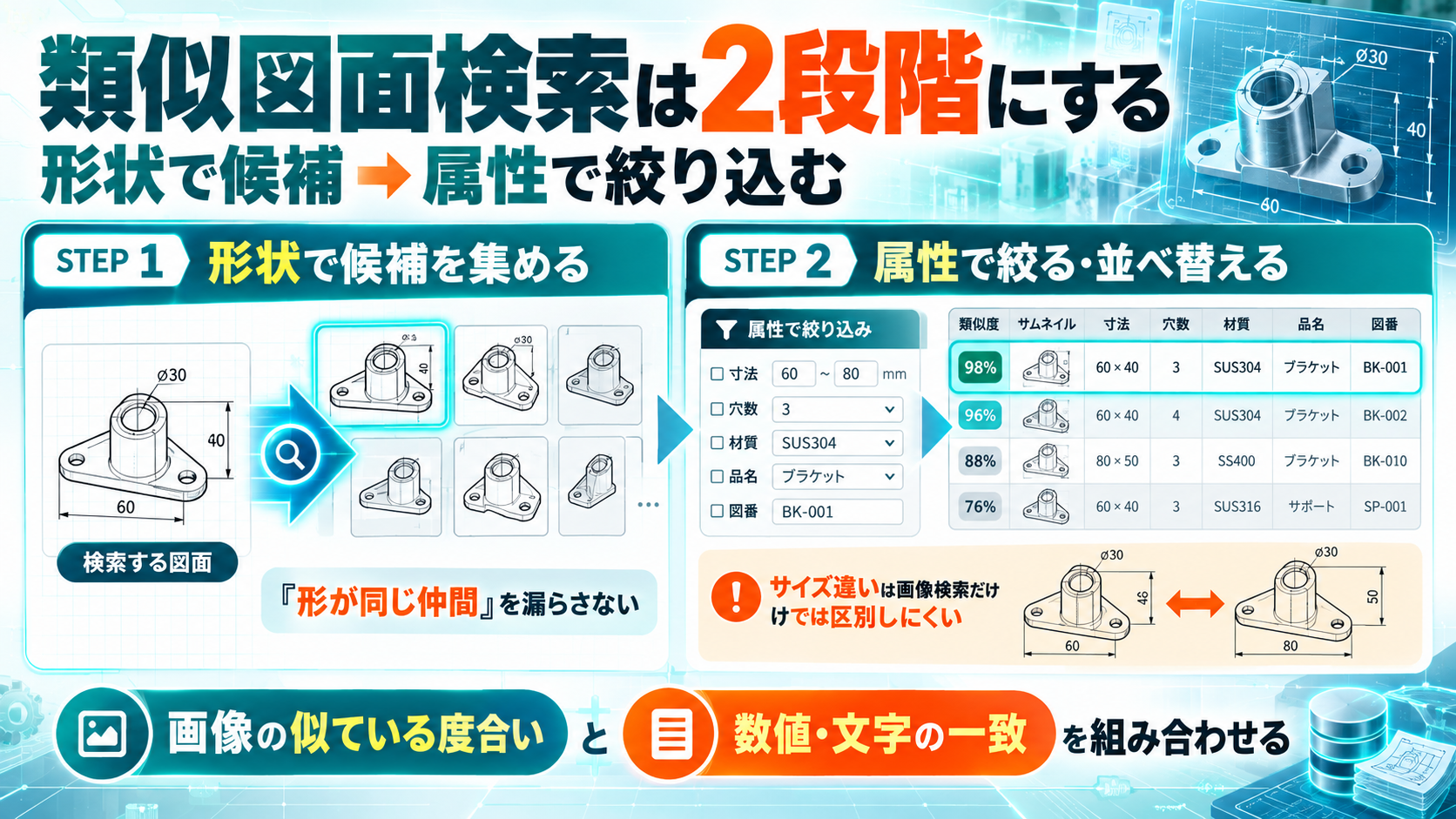 類似図面検索を2段階にする図。STEP1で形状の似ている度合いで候補を集め、STEP2で寸法・穴数・材質・品名・図番の属性で絞り込み並べ替える。サイズ違いは画像検索だけでは区別しにくい