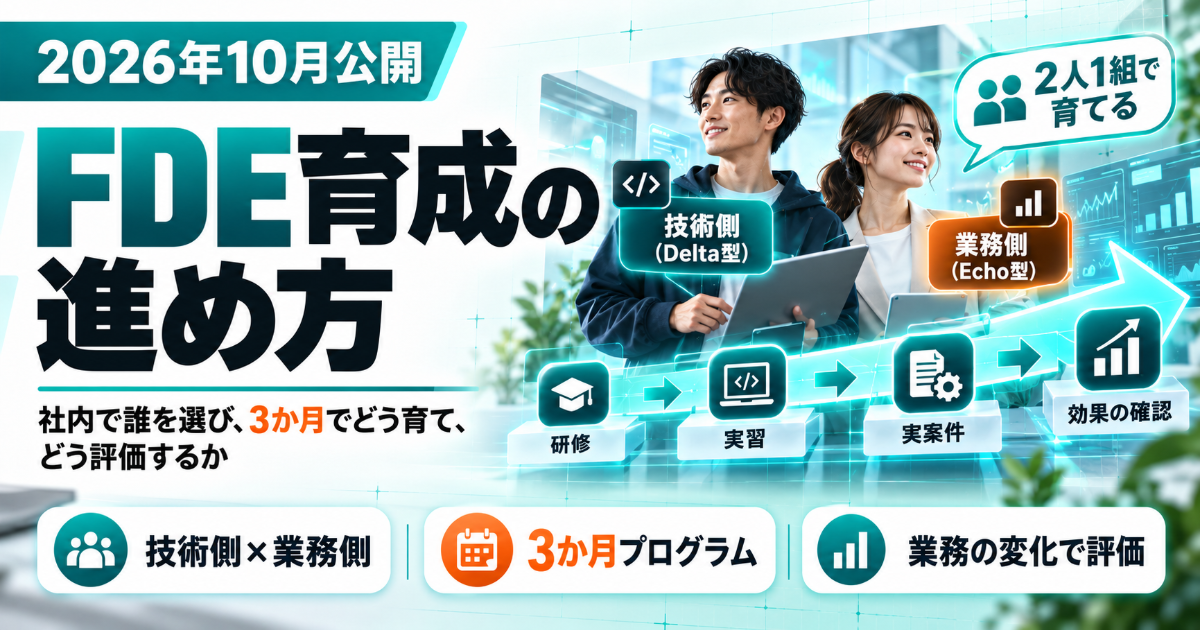 技術側と業務側の2人1組で、研修から実案件、効果の確認まで3か月で進めるFDE育成の流れ