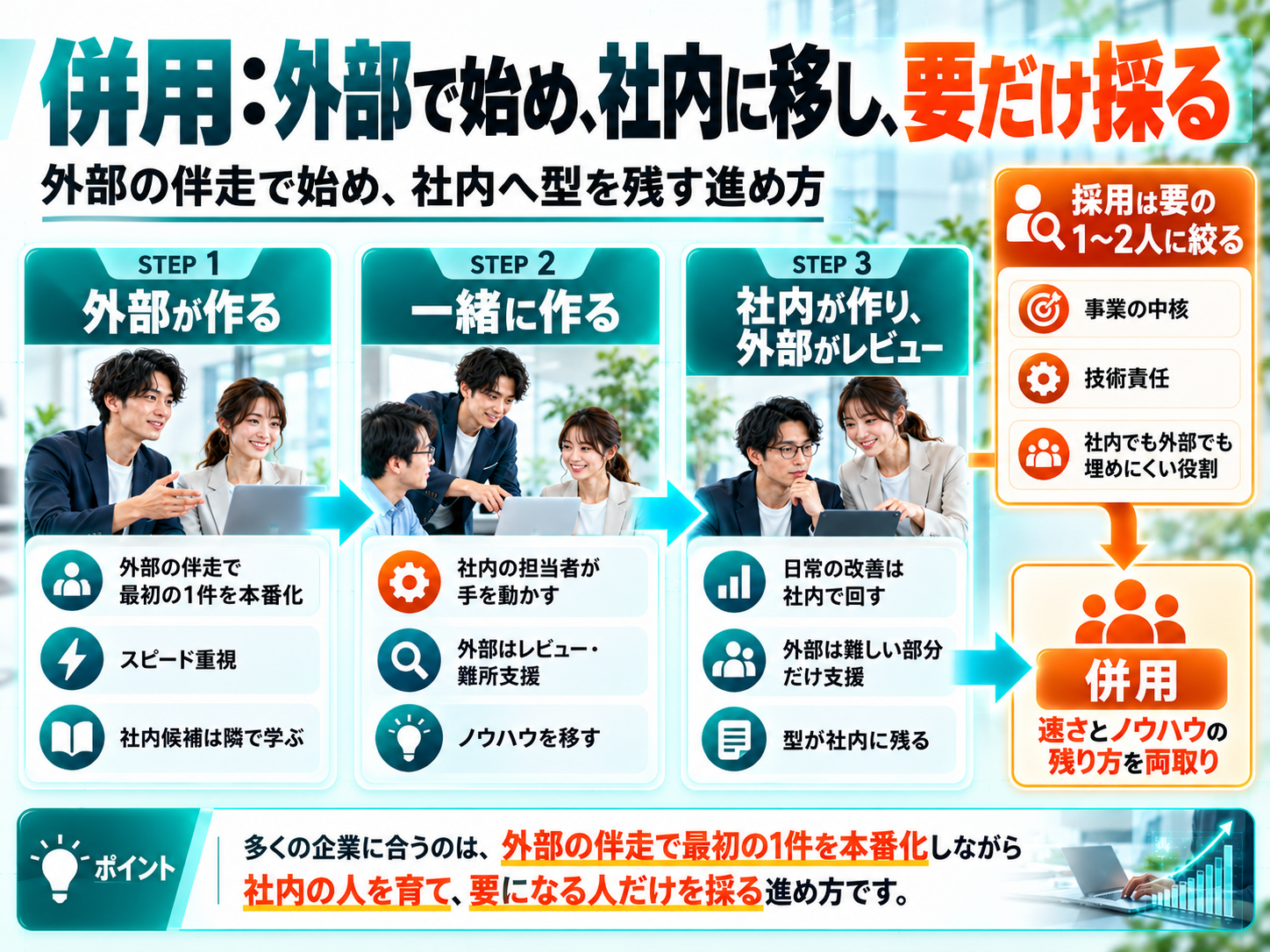 外部の伴走で始め、社内に移し、要の人だけを採るFDE人材の確保の進め方