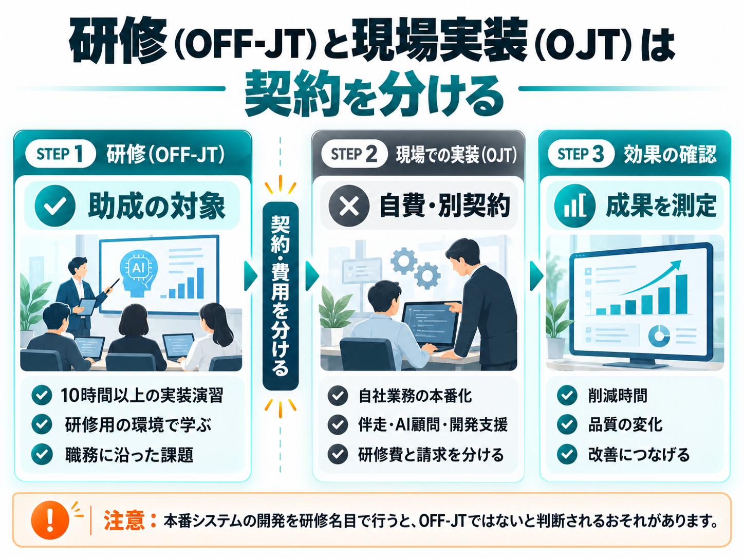 FDE育成を研修、現場実装、効果確認の3段で組み、研修だけを助成金の対象にする流れ