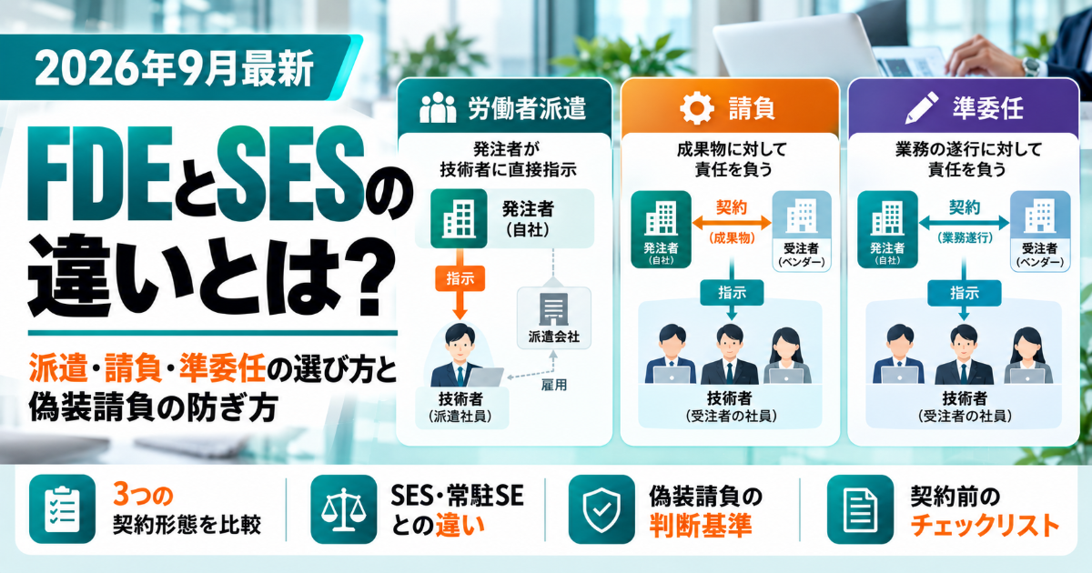 外部FDEを入れる3つの契約形態（労働者派遣・請負・準委任）と、指揮命令の向きの違い