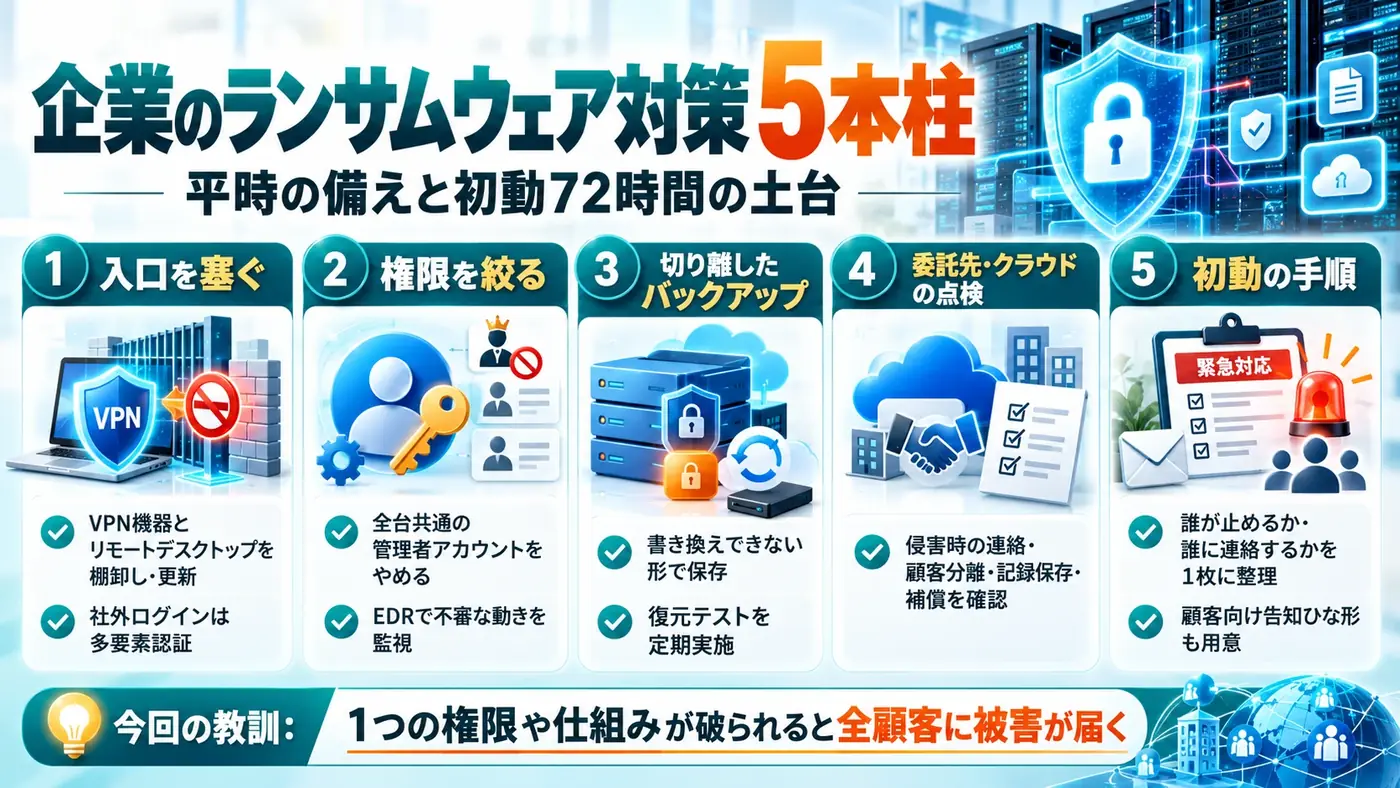 企業のランサムウェア対策の5本柱：入口・権限・バックアップ・委託先・初動