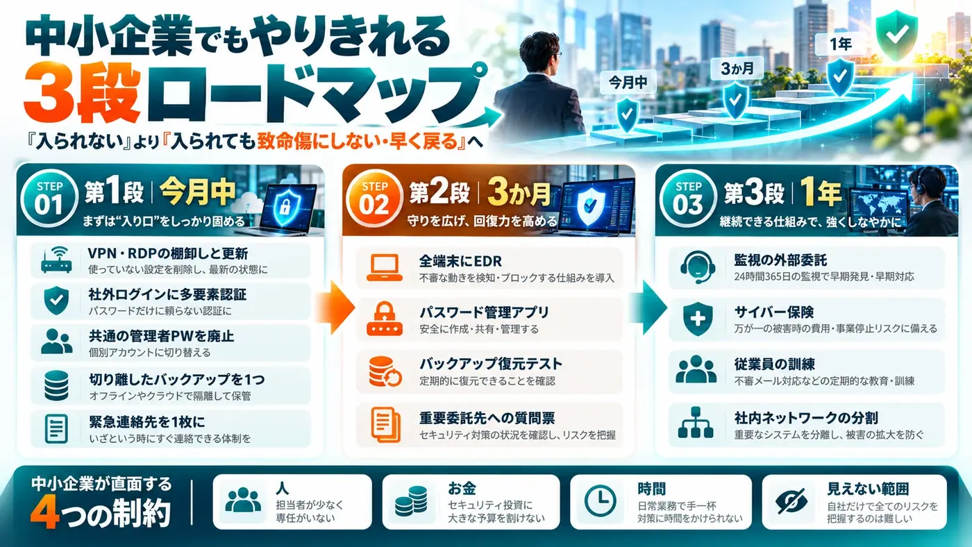 中小企業のランサムウェア対策の進め方。今月・3か月・1年の3段階