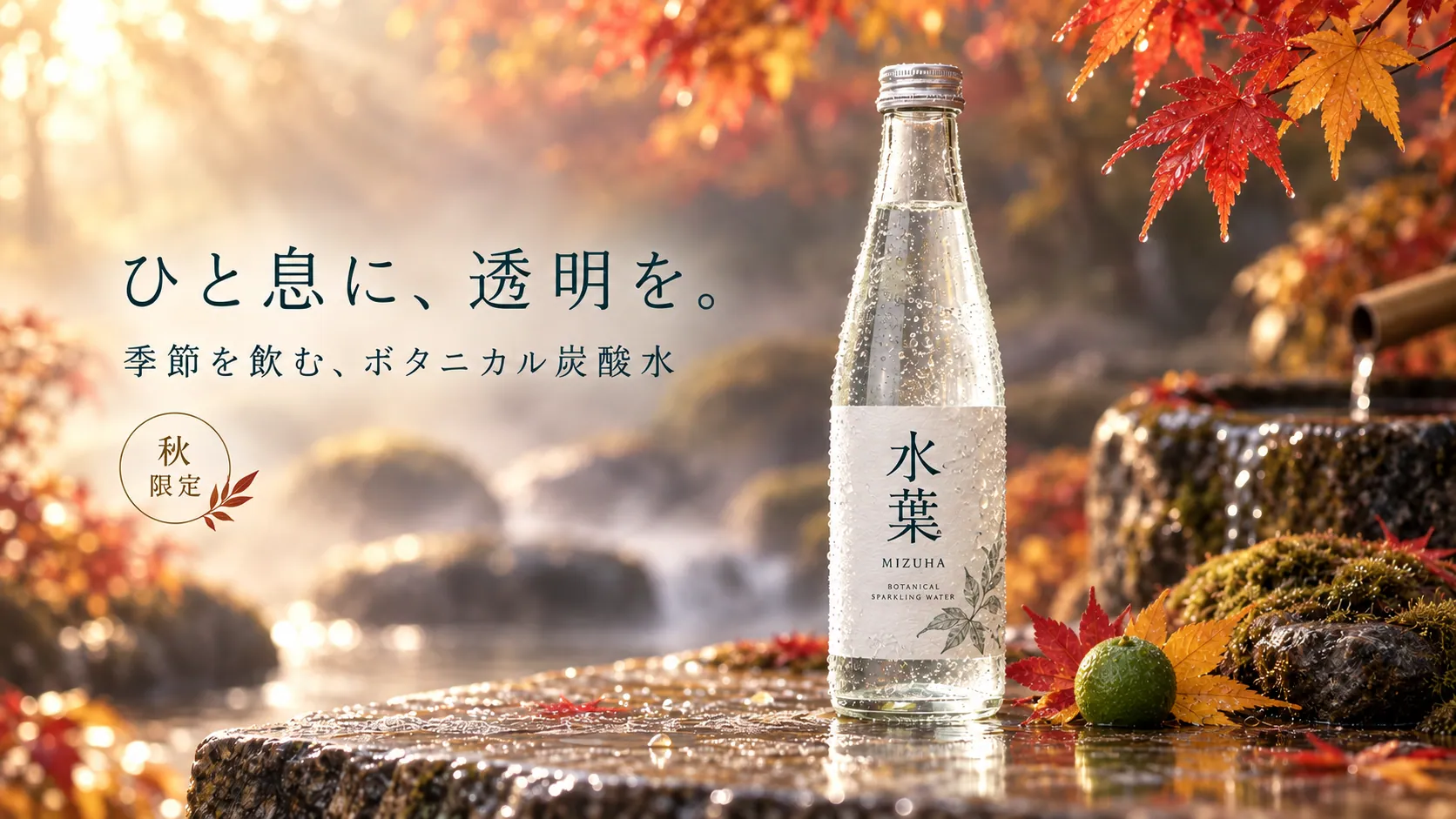 同じボトル・同じ構図・同じコピーのまま、背景を紅葉の渓流に差し替えた秋限定バージョンのキービジュアル