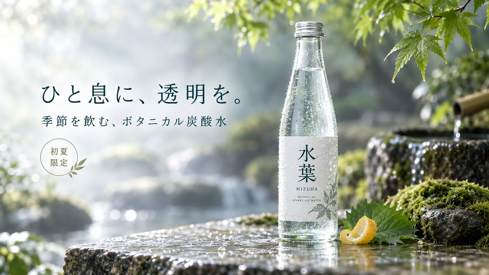 架空のボタニカル炭酸水「水葉」の初夏限定バージョンのキービジュアル。渓流と新緑を背景にボトルが置かれている