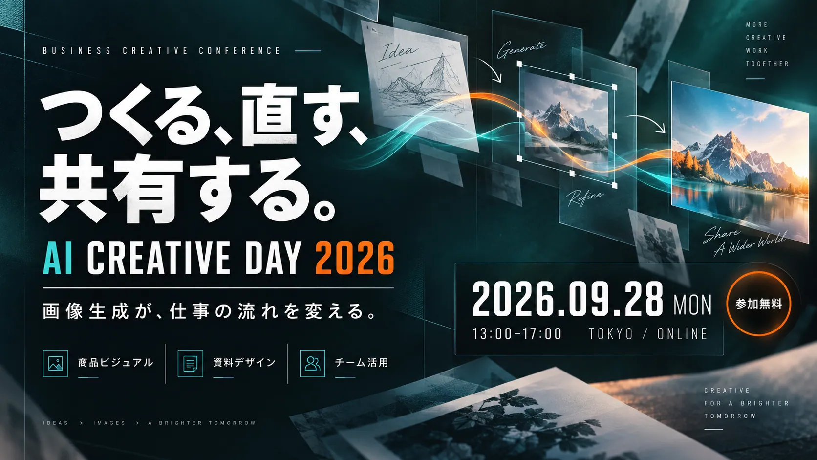 架空のイベント「AI CREATIVE DAY 2026」の横長キービジュアル。見出し、開催日時、会場、3つのトピックアイコンが配置されている