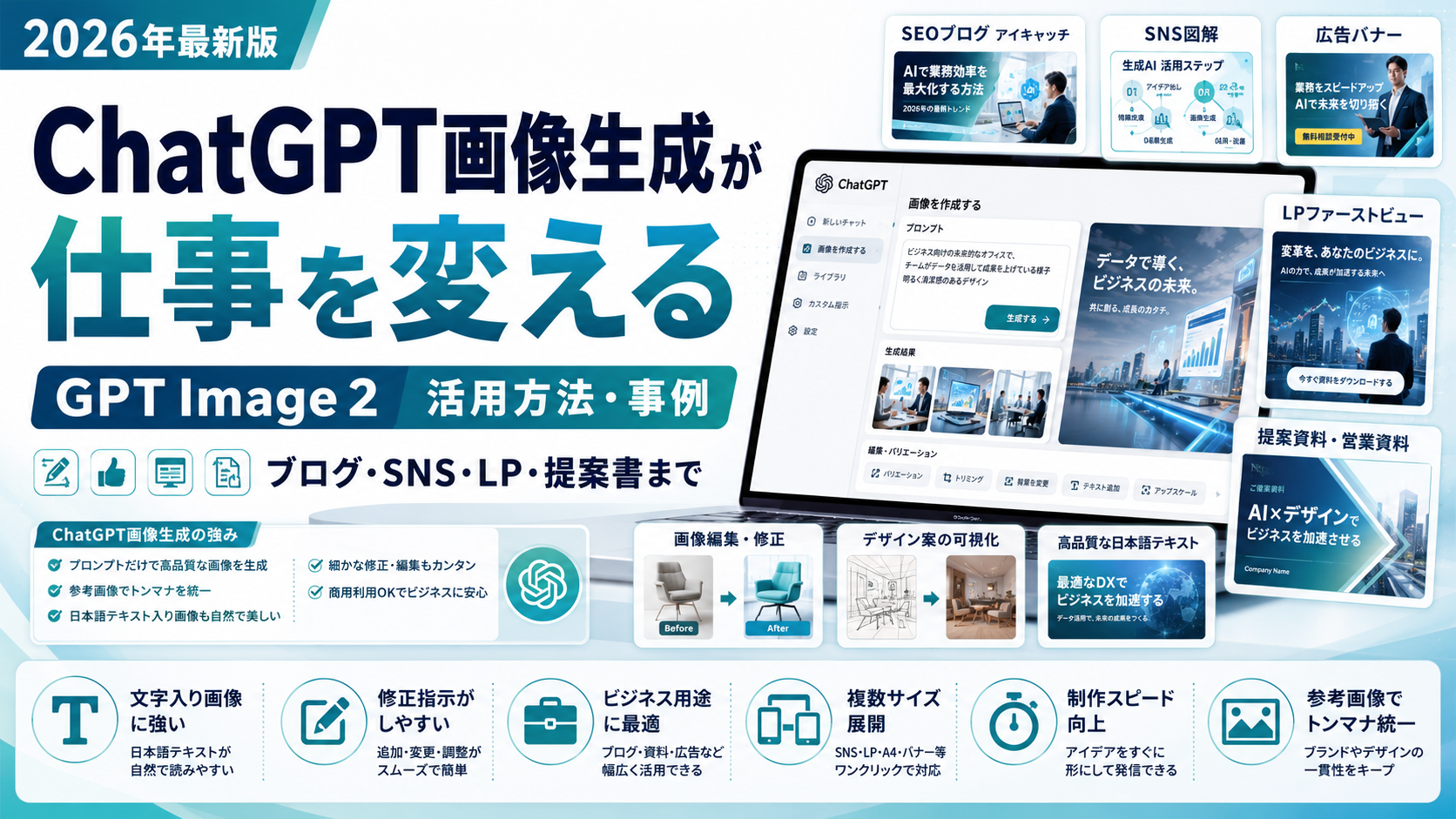 ChatGPT画像生成が仕事を変える GPT Image 2の活用方法・事例 2026年最新版。SEOブログのアイキャッチ、SNS図解、広告バナー、LPファーストビュー、提案資料・営業資料、画像編集・修正、デザイン案の可視化、高品質な日本語テキストなど、ブログ・SNS・LP・提案書まで活用できることを示した図解