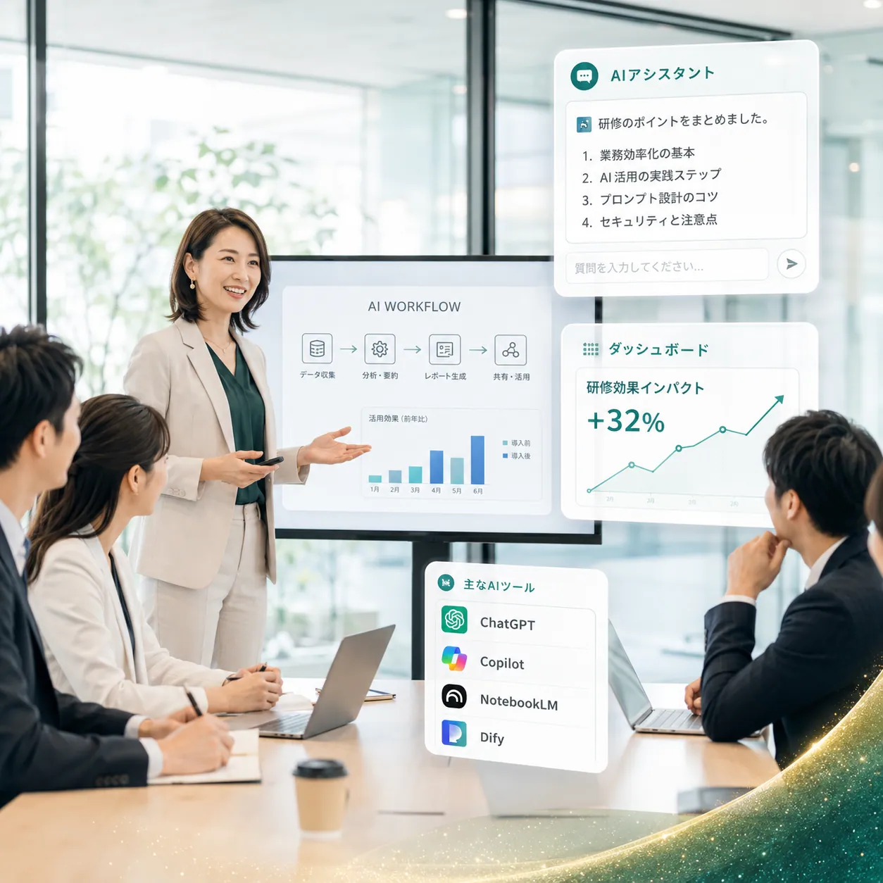 AI研修の様子。会議室でプレゼンするビジネスパーソンと、AIアシスタント・ダッシュボード・主要AIツール（ChatGPT / Copilot / NotebookLM / Dify）のUIイメージ。