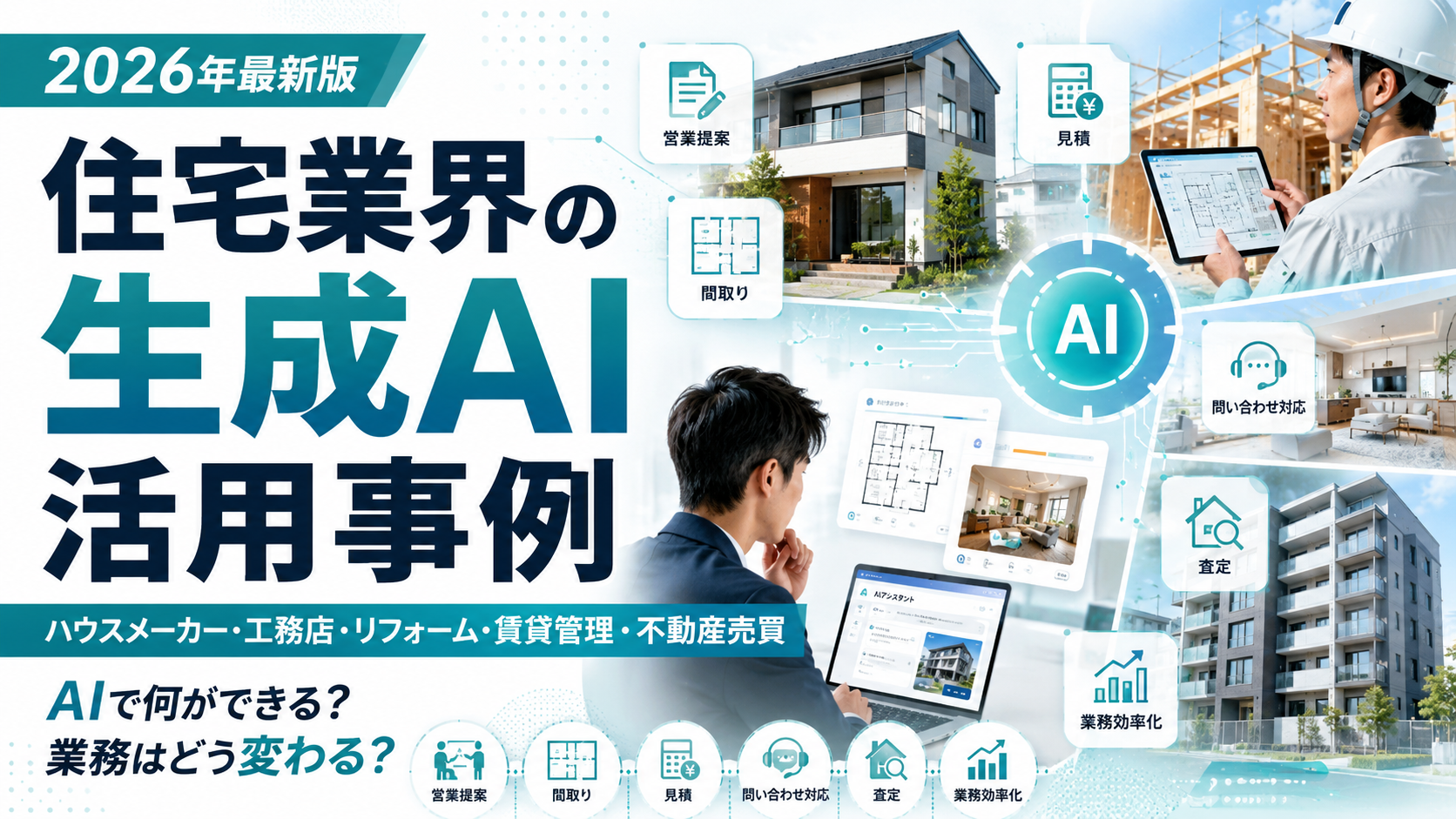 2026年最新版 住宅業界の生成AI活用事例｜ハウスメーカー・工務店・リフォーム・賃貸管理・不動産売買。営業提案・間取り・見積・問い合わせ対応・査定・業務効率化をAIが支援する図解。AIで何ができる？業務はどう変わる？