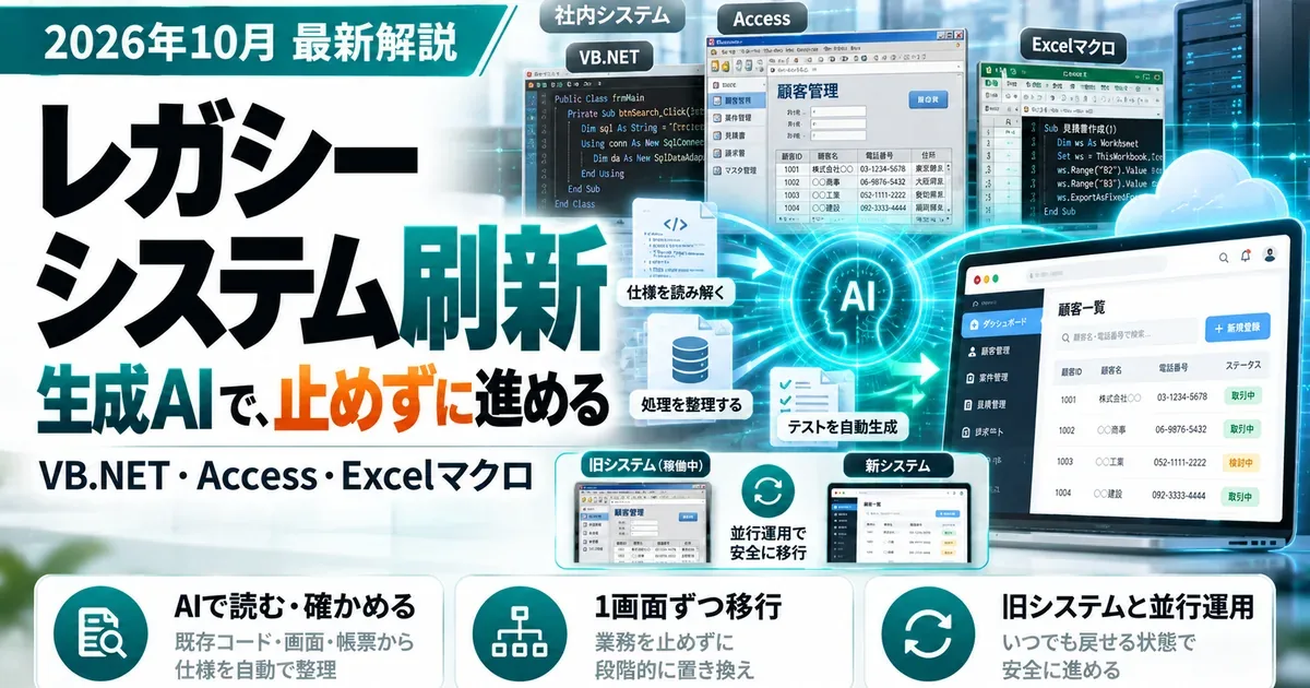レガシーシステム刷新、生成AIで止めずに進める。VB.NET・Access・Excelマクロ。AIで読む・確かめる、1画面ずつ移行、旧システムと並行運用
