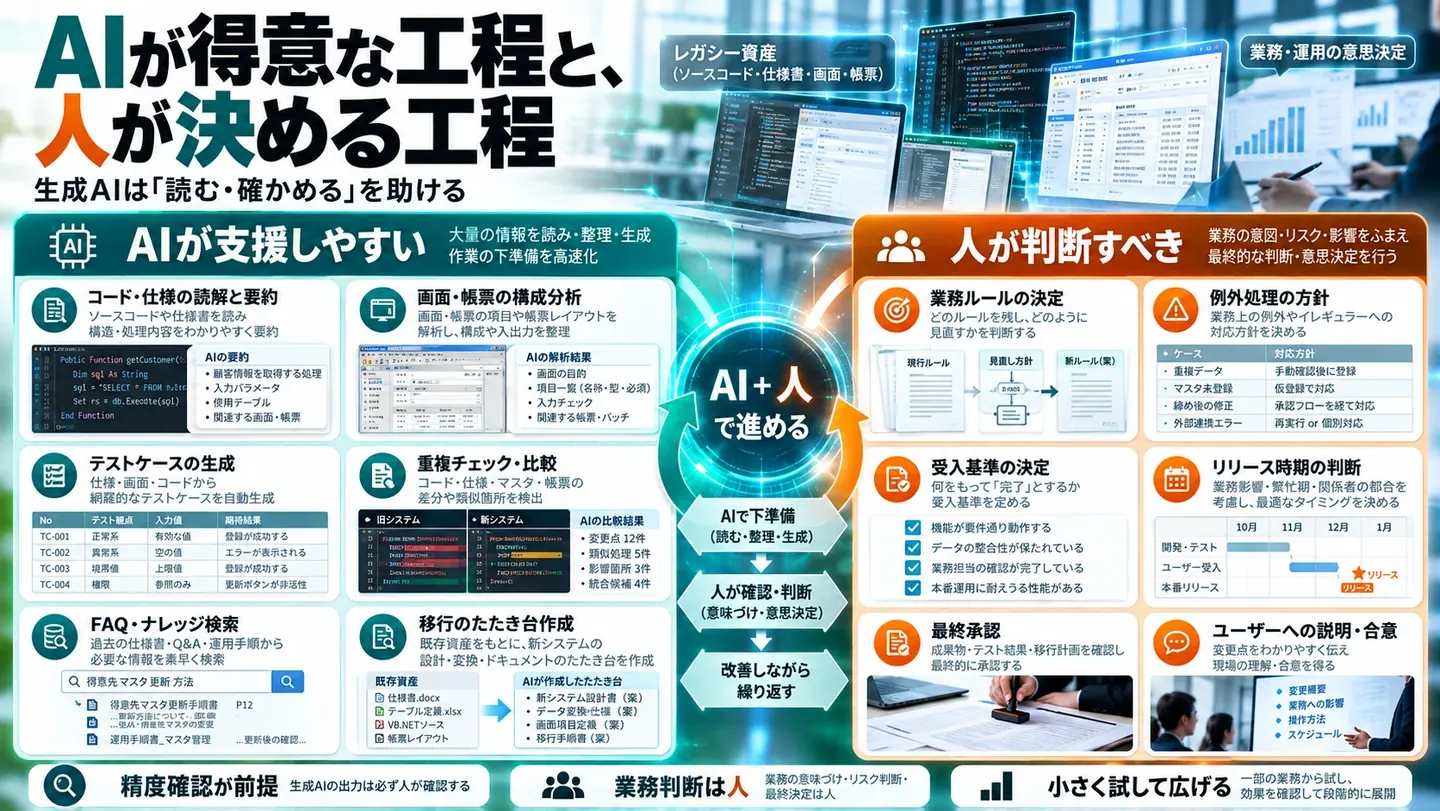 AIが得意な工程と人が決める工程の図。AIが支援しやすいのは、コード・仕様の読解と要約、画面・帳票の構成分析、テストケースの生成、重複チェック・比較、FAQ・ナレッジ検索、移行のたたき台作成。人が判断すべきなのは、業務ルールの決定、例外処理の方針、受入基準の決定、リリース時期の判断、最終承認、ユーザーへの説明・合意