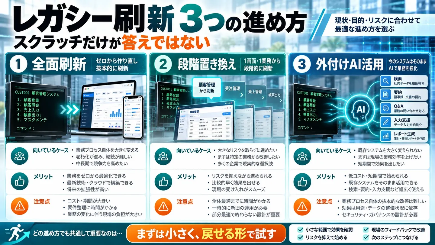 レガシー刷新の3つの進め方の比較図。1 全面刷新（ゼロから作り直し）、2 段階置き換え（1画面・1業務から）、3 外付けAI活用（今のシステムはそのままAIで業務を強化）。それぞれの向いているケース・メリット・注意点。共通して重要なのは、まずは小さく戻せる形で試すこと