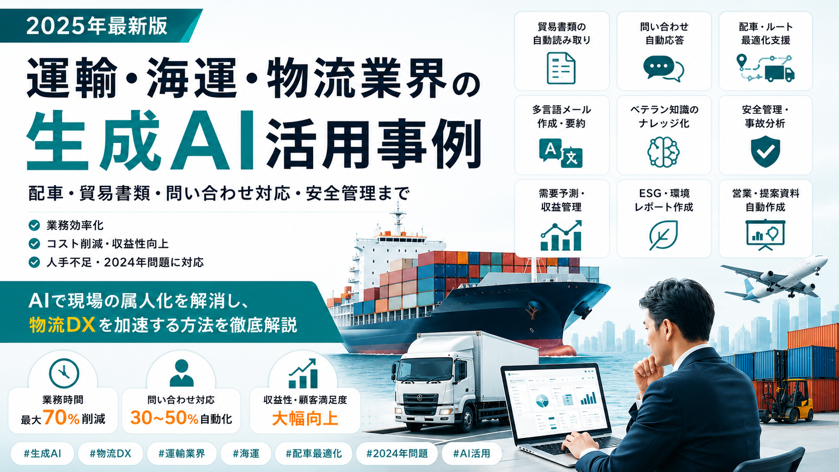 2025年最新版 運輸・海運・物流業界の生成AI活用事例｜貿易書類の自動読み取り・問い合わせ自動応答・配車ルート最適化支援・多言語メール・ベテラン知識のナレッジ化・安全管理・需要予測・ESGレポート・営業提案資料作成。AIで現場の属人化を解消し物流DXを加速する図解。