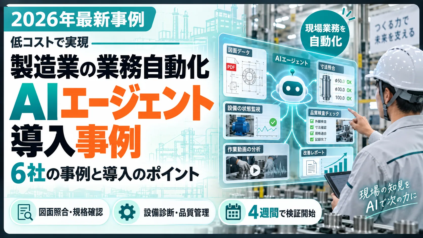 低コストで実現。製造業の業務自動化AIエージェント導入事例。図面照合・規格確認・設備保全・作業分析の6事例と導入のポイントを解説