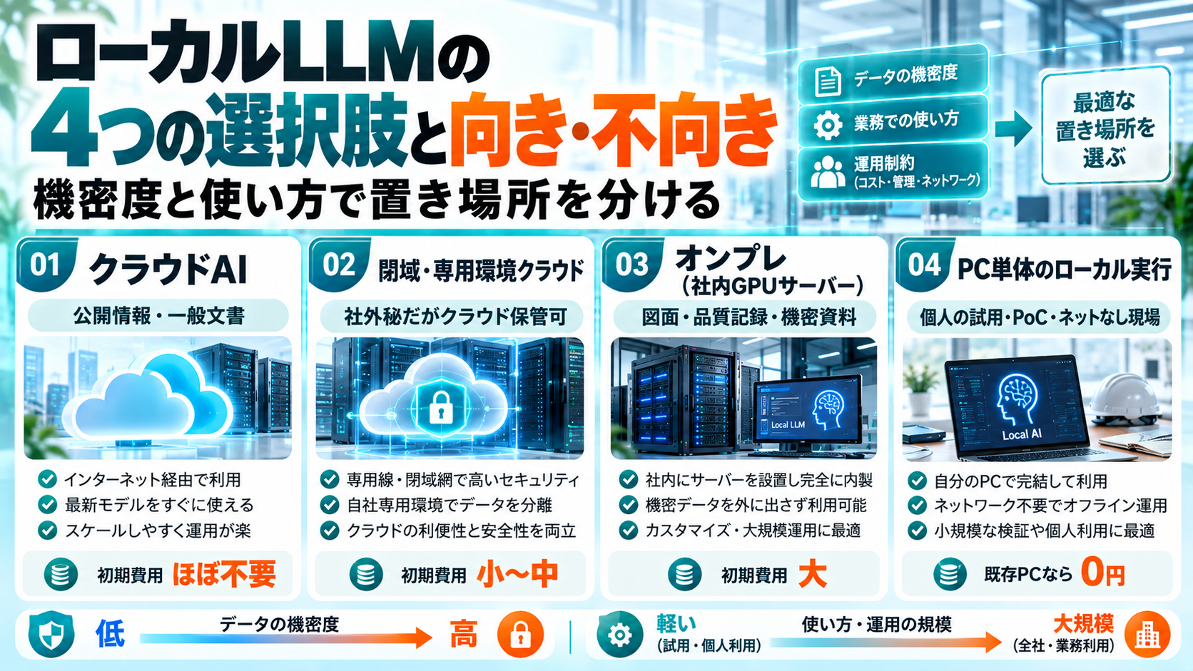 ローカルLLMの4つの選択肢と向き・不向きの図。クラウドAI、閉域・専用環境クラウド、オンプレ（社内GPUサーバー）、PC単体のローカル実行を、データの機密度と運用の規模で並べている