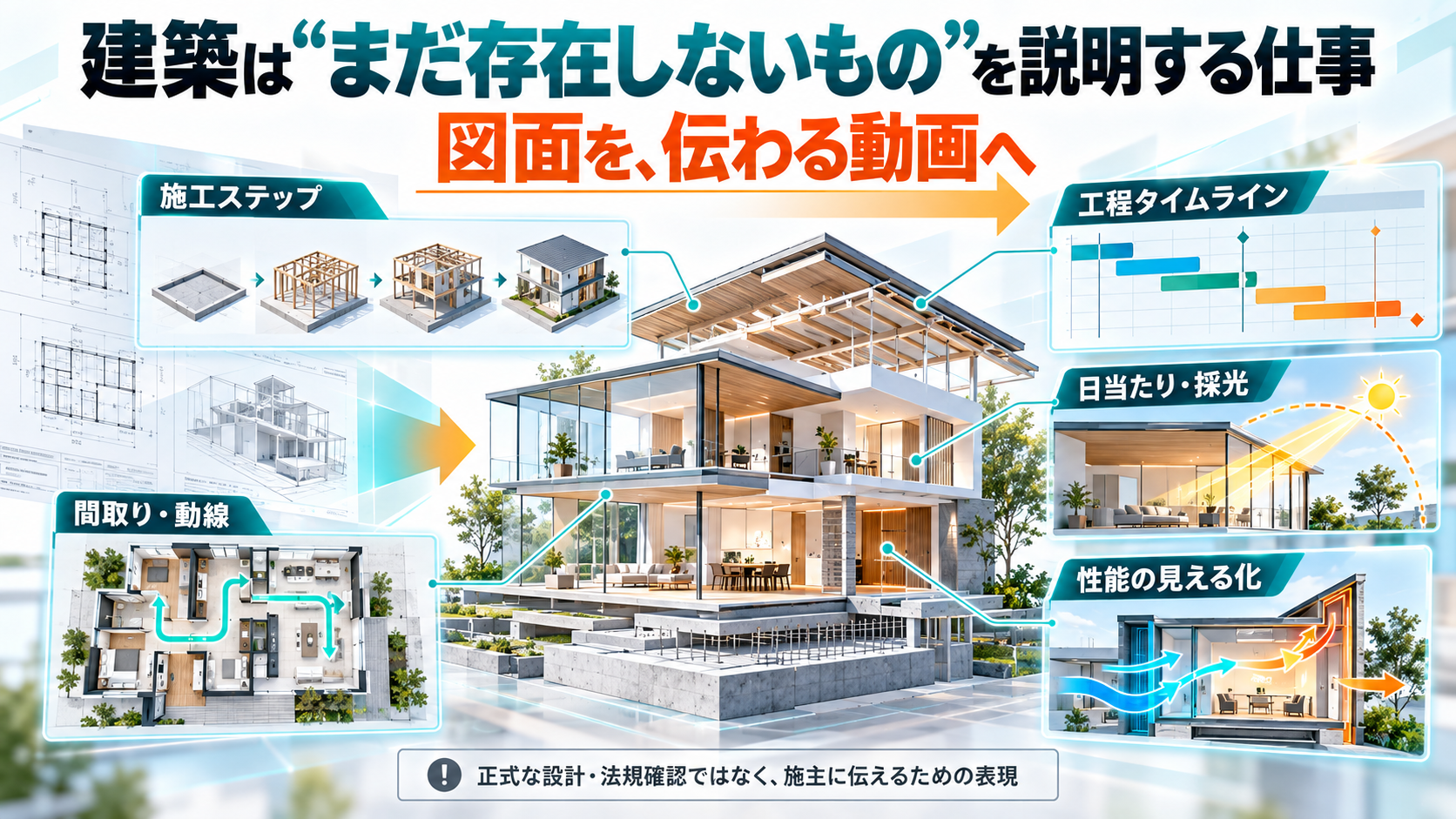 建築は“まだ存在しないもの”を説明する仕事。施工ステップ、工程タイムライン、間取り・動線、日当たり・採光、性能の見える化で図面を伝わる動画へ
