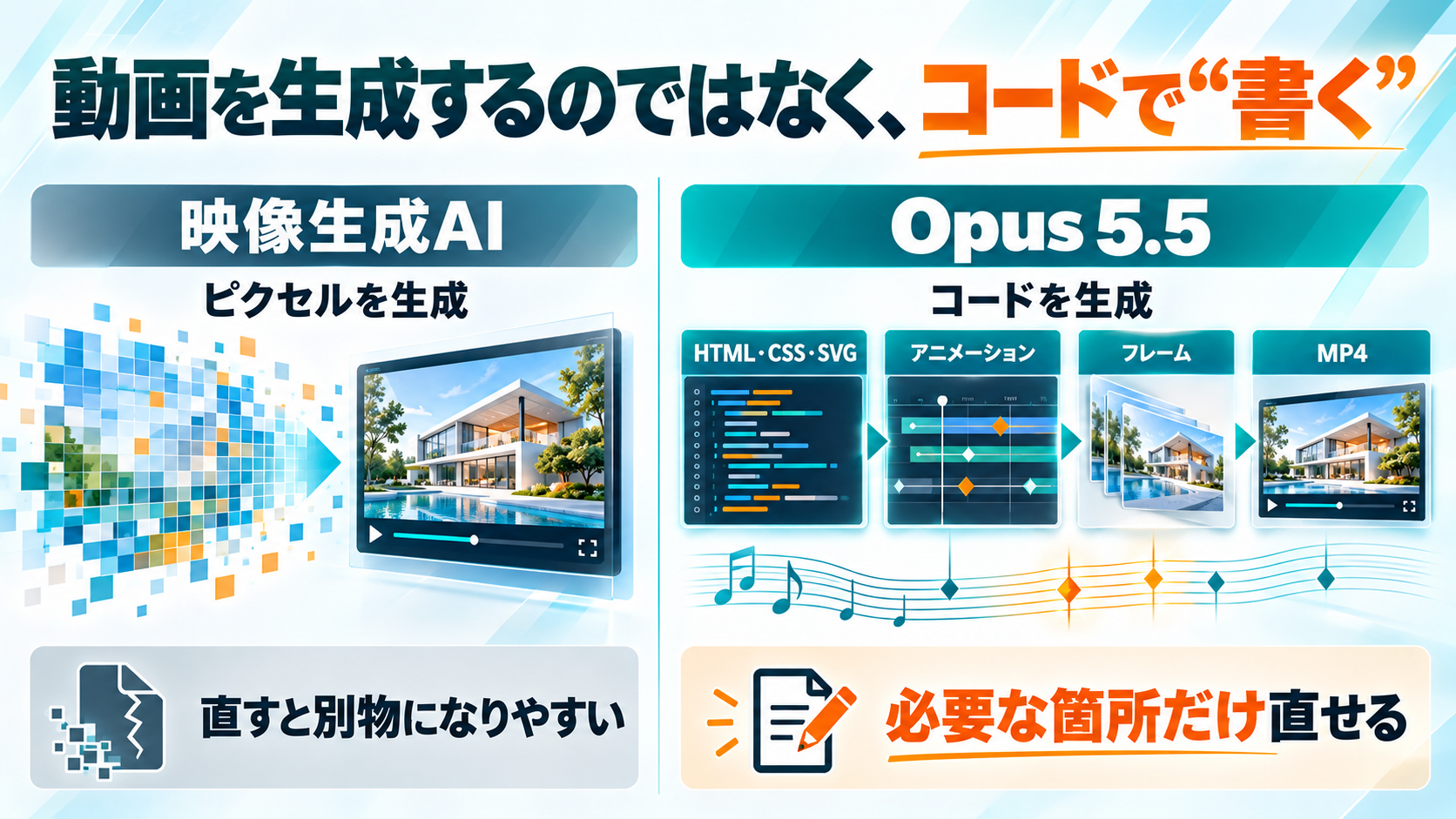 映像生成AIはピクセルを生成し、直すと別物になりやすい。Opus 5.5はHTML・CSS・SVGからアニメーション、フレーム、MP4へとコードで生成し、必要な箇所だけ直せる