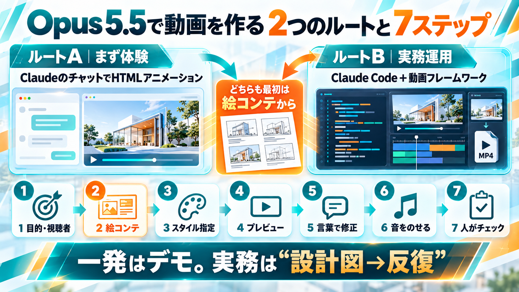 Opus 5.5で動画を作る2つのルートと7ステップ。ルートAはClaudeのチャットでHTMLアニメーション、ルートBはClaude Code＋動画フレームワーク。どちらも最初は絵コンテから。一発はデモ、実務は設計図→反復