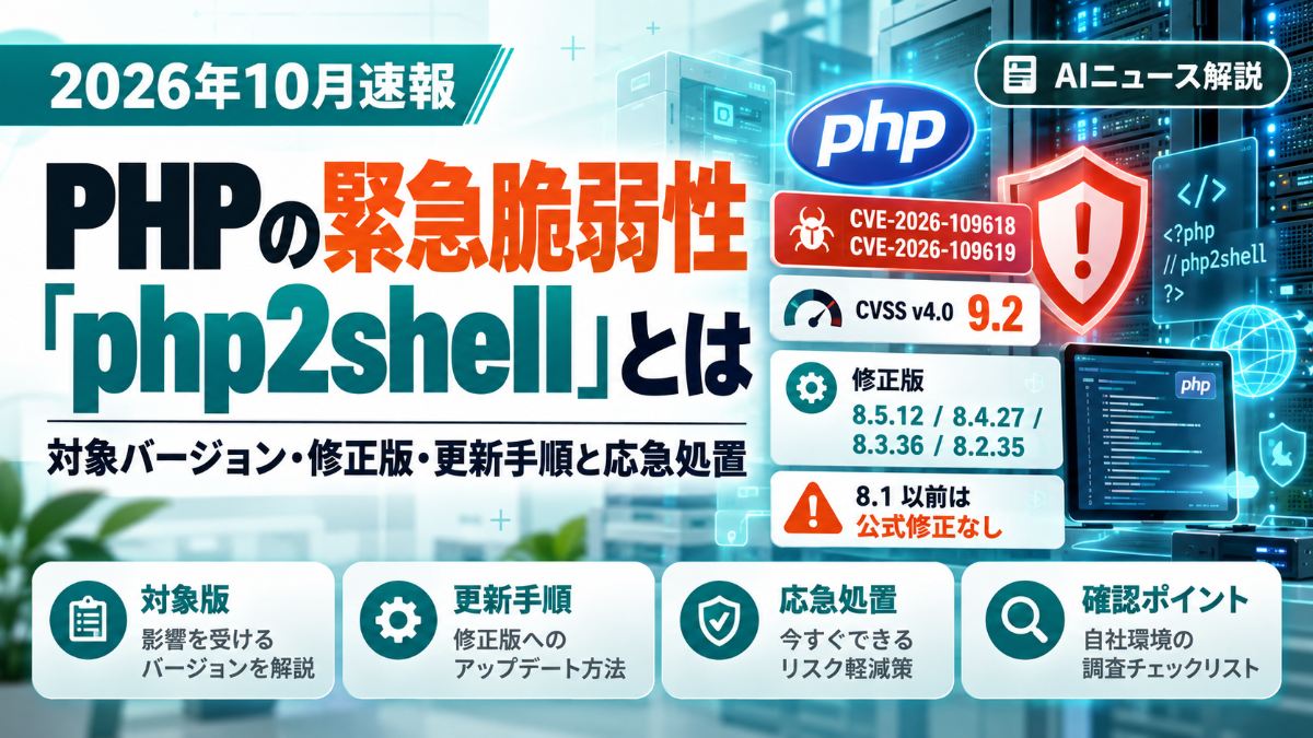 PHPの緊急脆弱性php2shell。修正版の版番号と、対象の確認・更新・応急処置の手順を示した図
