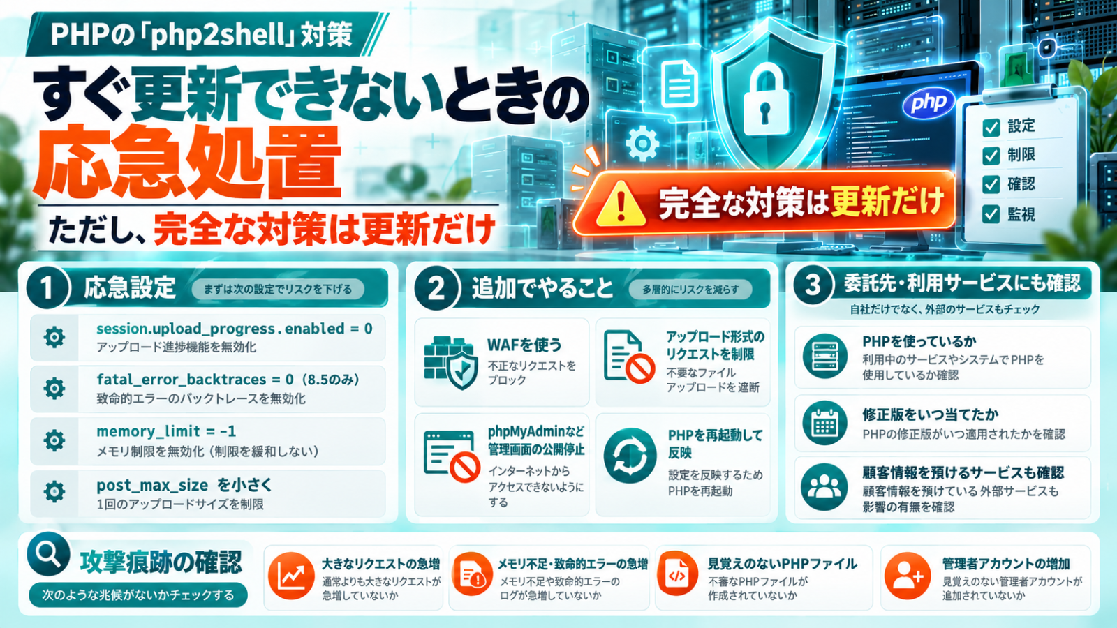 すぐ更新できないときの応急処置の図。応急設定、WAFなど追加でやること、委託先・利用サービスへの確認、攻撃痕跡の確認