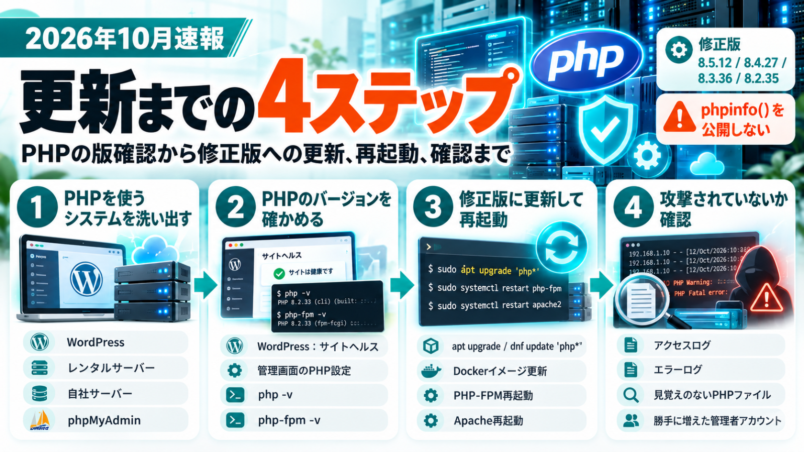 更新までの4ステップの図。PHPを使うシステムの洗い出し、バージョンの確認、修正版への更新と再起動、攻撃の痕跡の確認