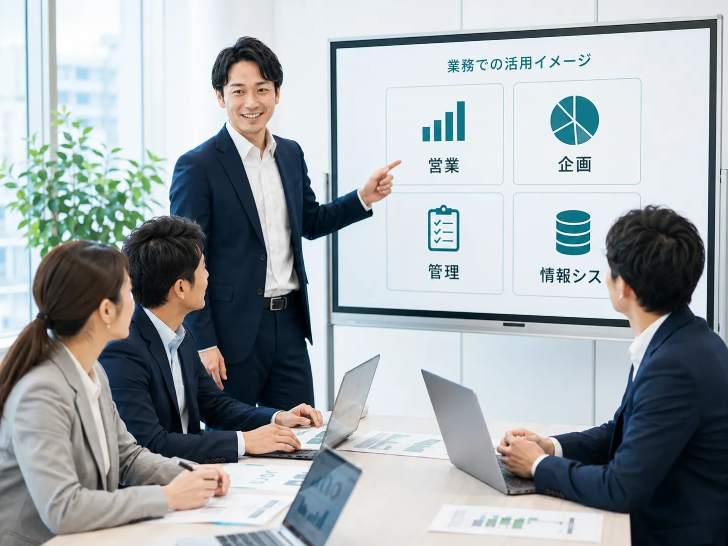 ホワイトボードに「営業・企画・管理・情報シス」の活用領域を示しながら講師が説明する会議の様子。