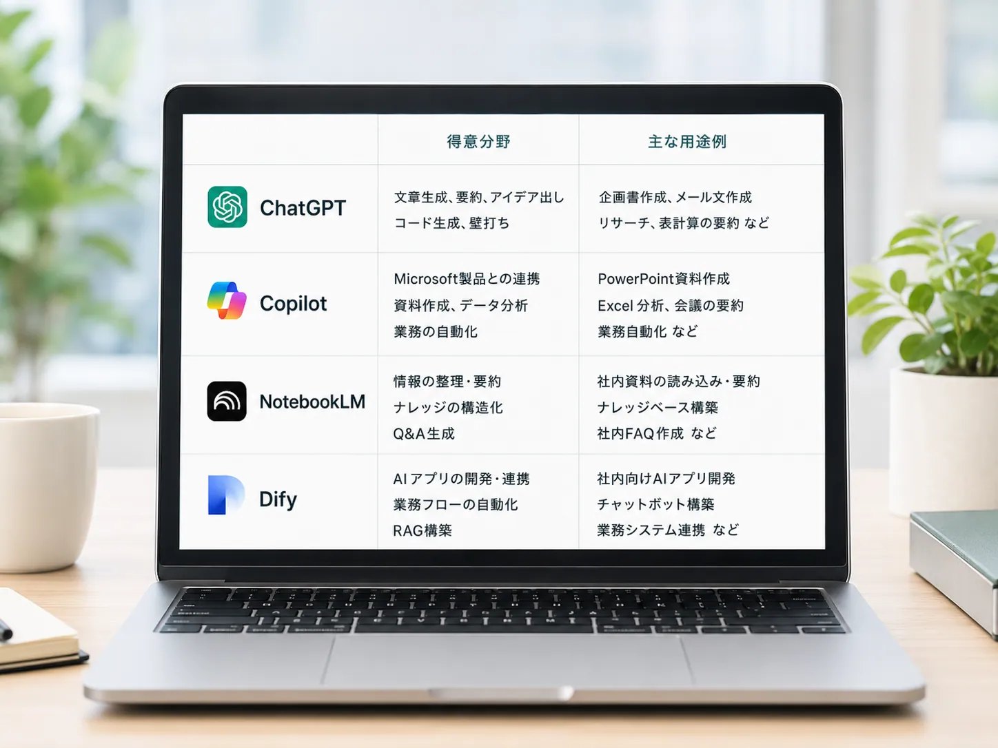 ノートPCにChatGPT・Copilot・NotebookLM・Difyの得意分野と用途例をまとめた一覧表を表示した画面。