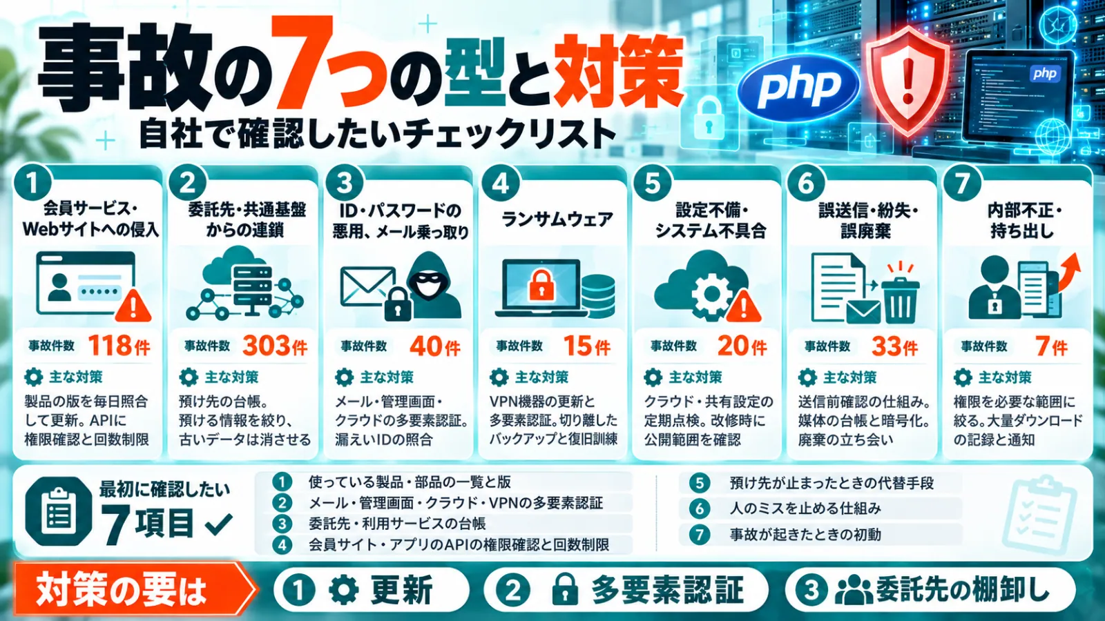 事故の7つの型ごとの件数と主な対策、最初に確認したい7項目の図