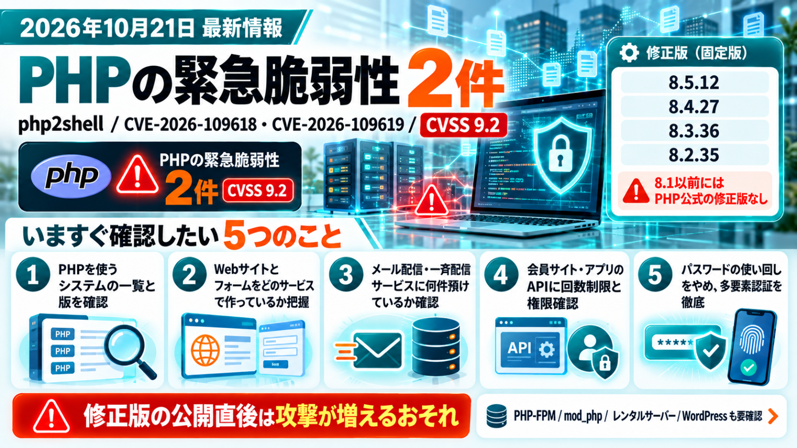 いますぐ確認したい5つのことの図。PHPの版、Webサイトとフォームのサービス、メール配信、APIの回数制限と権限確認、多要素認証