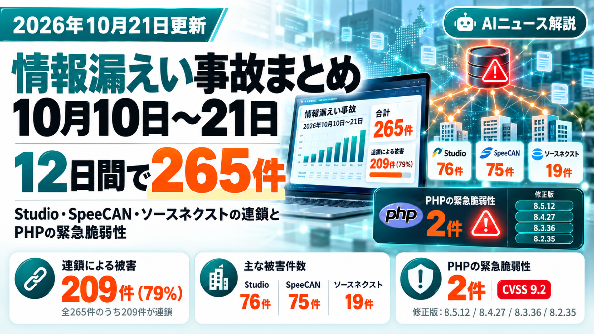 2026年10月10日〜21日の情報漏えい事故265件。日別の公表件数と連鎖の内訳を示した図