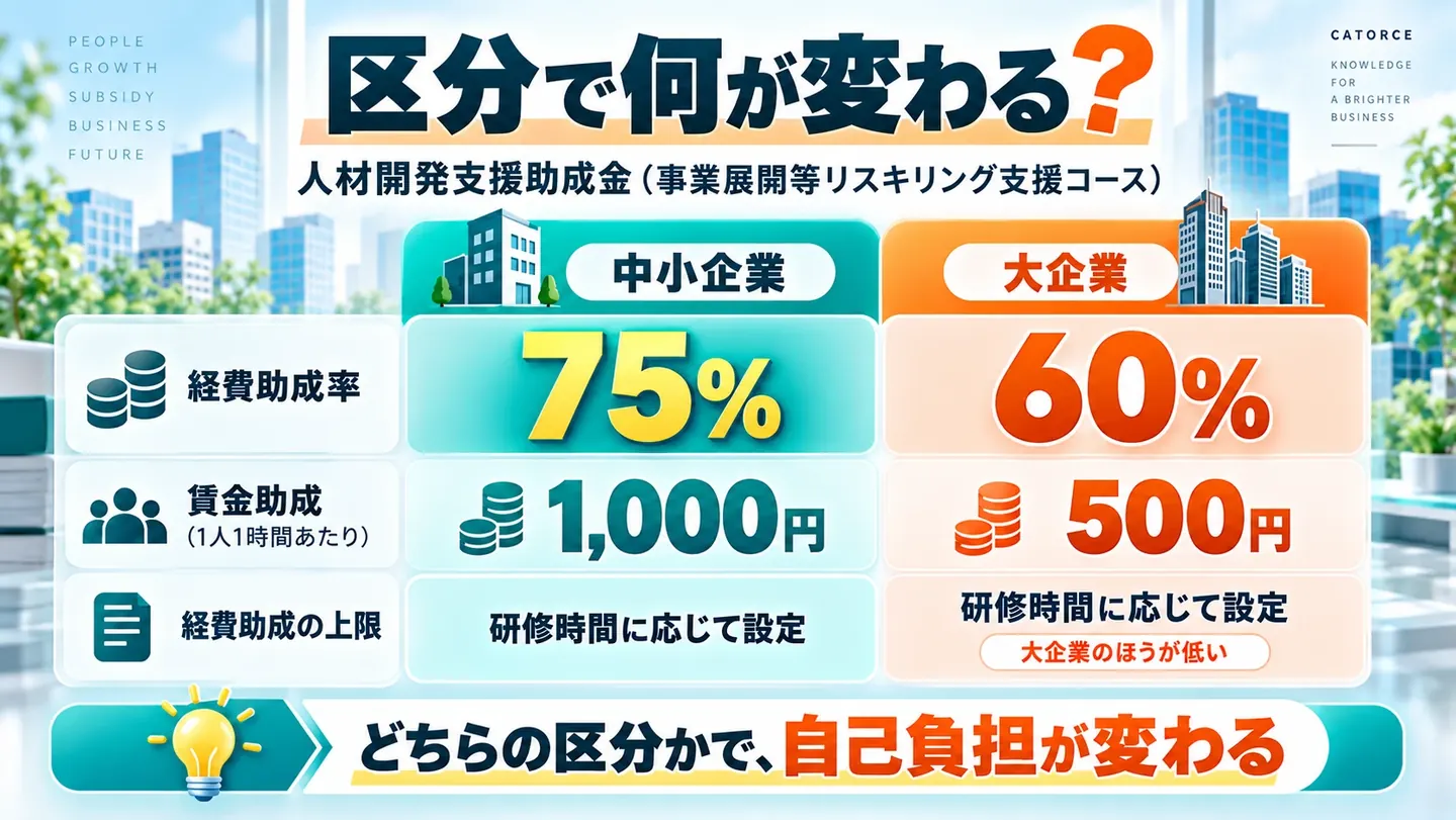 区分で何が変わるかの図。人材開発支援助成金(事業展開等リスキリング支援コース)では、経費助成率は中小企業75%・大企業60%、賃金助成は1人1時間あたり中小企業1,000円・大企業500円、経費助成の上限は研修時間に応じて設定され大企業のほうが低い。どちらの区分かで自己負担が変わる