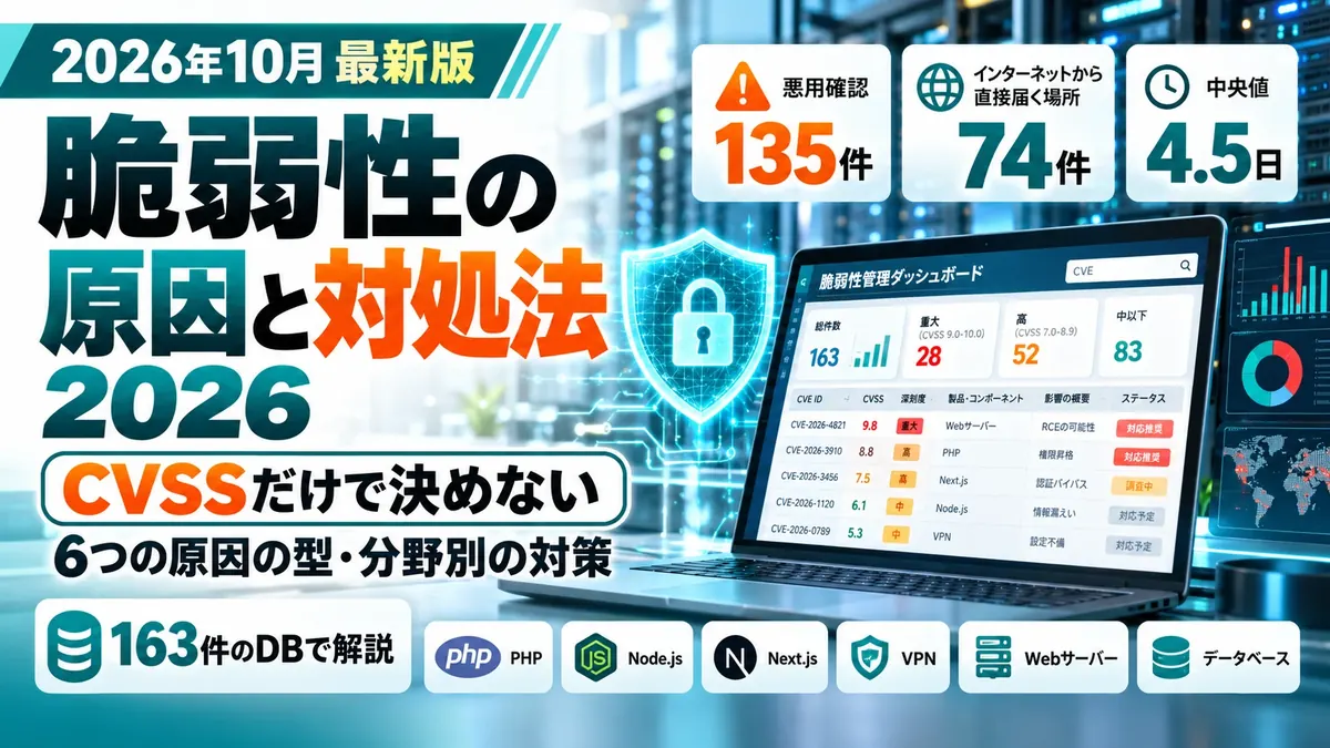 脆弱性の原因と対処法2026（2026年10月最新版）。CVSSだけで決めない、6つの原因の型・分野別の対策、163件のDBで解説。悪用確認135件、インターネットから直接届く場所74件、公表から悪用確認まで中央値4.5日。PHP・Node.js・Next.js・VPN・Webサーバー・データベース。画面の CVE 番号と数値はイメージ