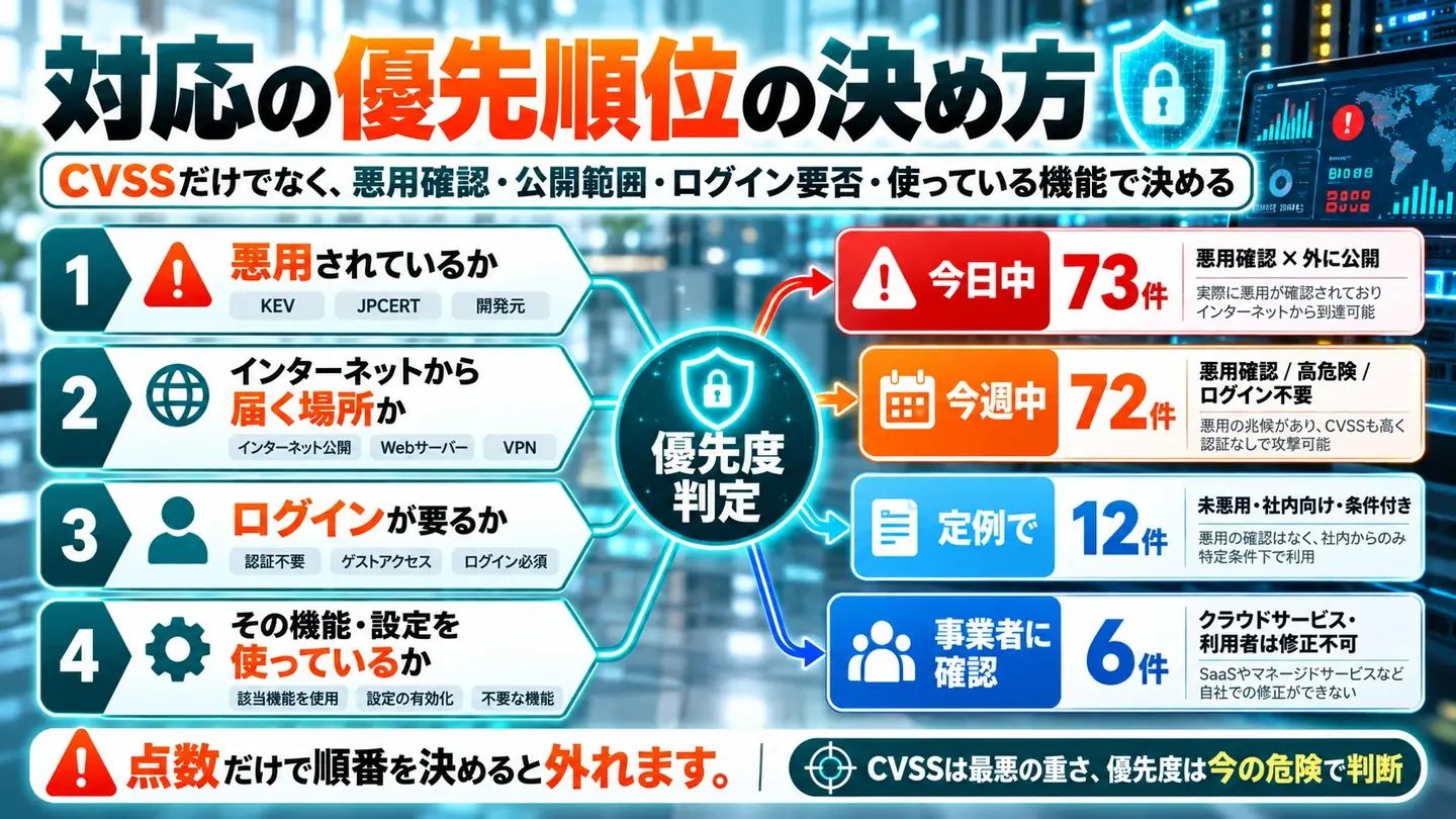対応の優先順位の決め方の図。CVSSだけでなく、悪用確認・公開範囲・ログイン要否・使っている機能で決める。1 悪用されているか（KEV・JPCERT・開発元）、2 インターネットから届く場所か、3 ログインが要るか、4 その機能・設定を使っているか、を優先度判定にかけ、今日中73件（悪用確認かつ外に公開）、今週中72件（悪用確認・高危険・ログイン不要）、定例で12件（未悪用・社内向け・条件付き）、事業者に確認6件（クラウドサービスで利用者は修正不可）に振り分ける。点数だけで順番を決めると外れる。CVSSは最悪の重さ、優先度は今の危険で判断する