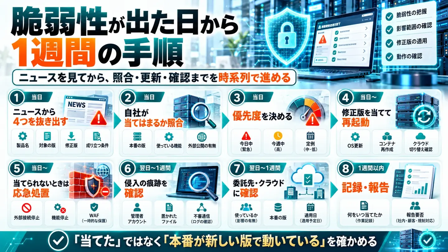 脆弱性が出た日から1週間の手順の図。ニュースを見てから、照合・更新・確認までを時系列で進める。1 当日：ニュースから4つを抜き出す（製品名・対象の版・修正版・成り立つ条件）、2 当日：自社が当てはまるか照合（本番の版・使っている機能・外部公開の有無）、3 当日：優先度を決める（今日中・今週中・定例）、4 当日〜：修正版を当てて再起動（OS更新・コンテナ再作成・クラウドの切り替え確認）、5 当日〜：当てられないときは応急処置（外部接続停止・機能停止・WAF）、6 翌日〜1週間：侵入の痕跡を確認（管理者アカウント・置かれたファイル・不審通信）、7 翌日〜1週間：委託先・クラウドに確認（使っているか・本番の版・適用日）、8 1週間以内：記録・報告（何をいつ当てたか・報告要否）。「当てた」ではなく「本番が新しい版で動いている」を確かめる