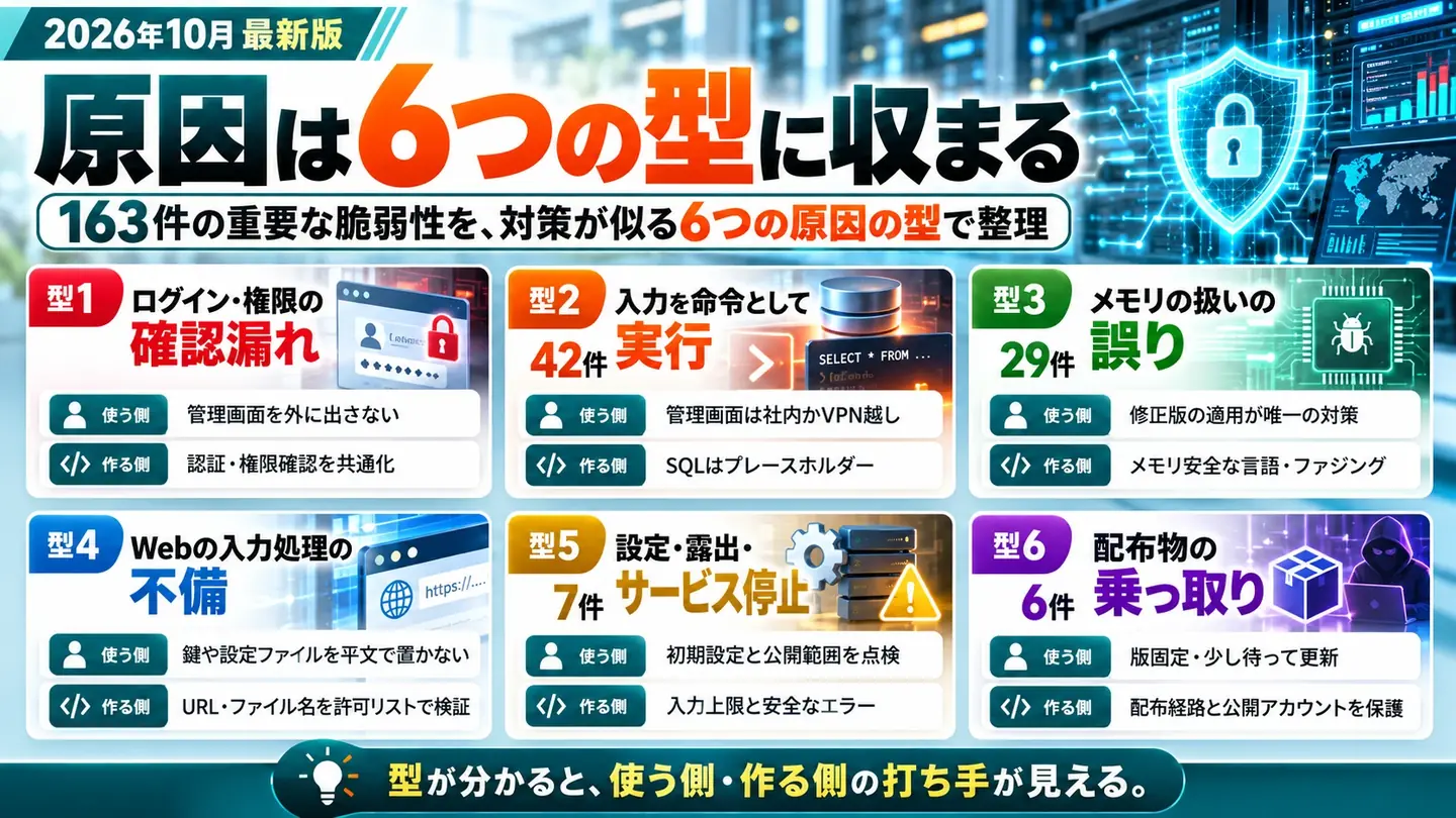 原因は6つの型に収まることを示す図。163件の重要な脆弱性を、対策が似る6つの原因の型で整理。型1 ログイン・権限の確認漏れ（使う側：管理画面を外に出さない／作る側：認証・権限確認を共通化）、型2 入力を命令として実行42件（管理画面は社内かVPN越し／SQLはプレースホルダー）、型3 メモリの扱いの誤り29件（修正版の適用が唯一の対策／メモリ安全な言語・ファジング）、型4 Webの入力処理の不備（鍵や設定ファイルを平文で置かない／URL・ファイル名を許可リストで検証）、型5 設定・露出・サービス停止7件（初期設定と公開範囲を点検／入力上限と安全なエラー）、型6 配布物の乗っ取り6件（版固定・少し待って更新／配布経路と公開アカウントを保護）