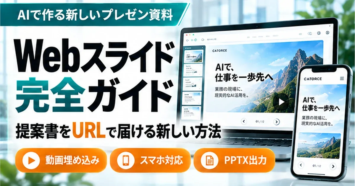 AIで作る新しいプレゼン資料、Webスライド完全ガイド。提案書をURLで届ける新しい方法。動画埋め込み・スマホ対応・PPTX出力