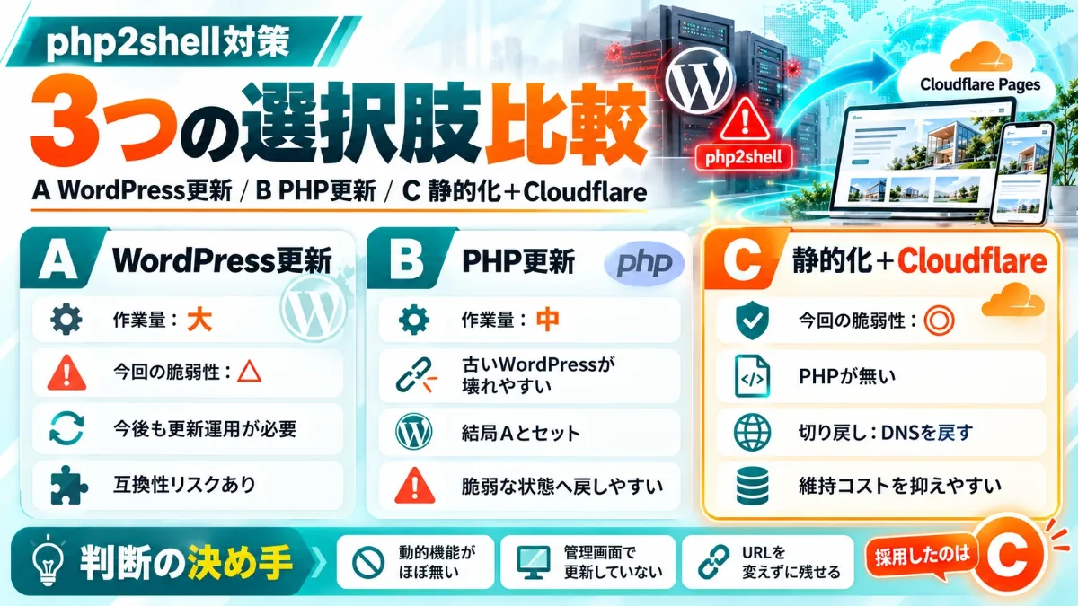 php2shell対策の3つの選択肢比較:WordPress更新・PHP更新・静的化とCloudflare